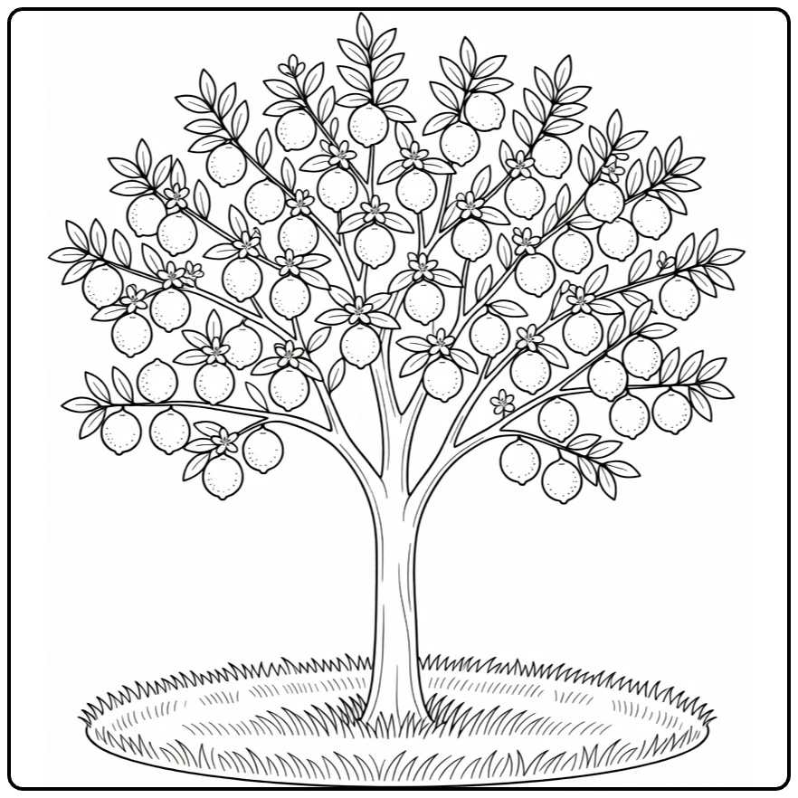 Fruitbomen Kleurplaat met limoenboom ronde limoenen en gras