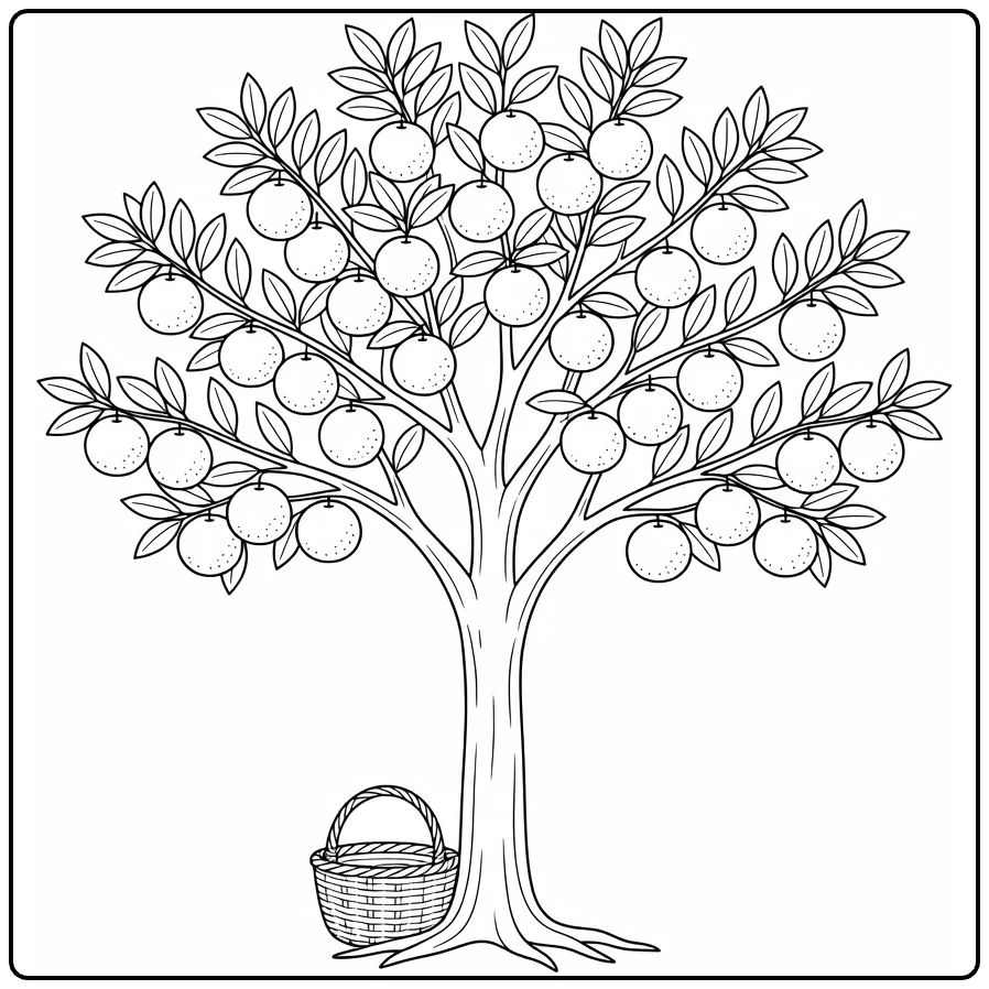 Fruitbomen Kleurplaat oranjeboom met mand naast wortels
