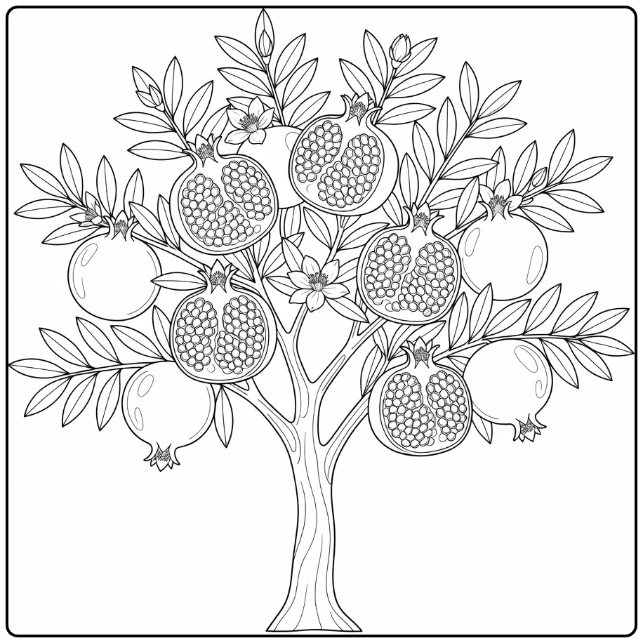 Fruitbomen Kleurplaat granaatappelboom met zaden en bloesems