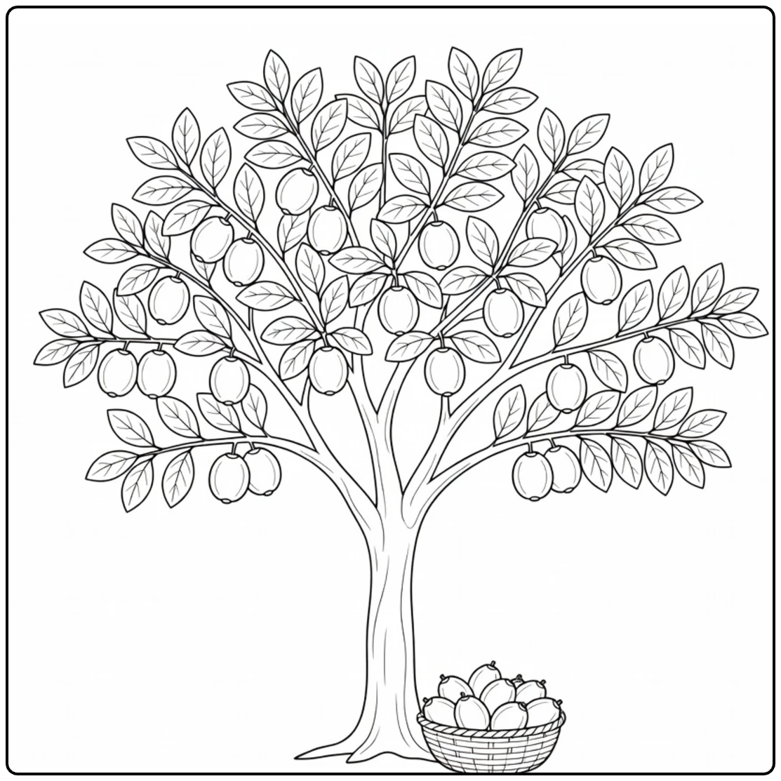 Fruitbomen Kleurplaat guaveboom met ovale vruchten en mand