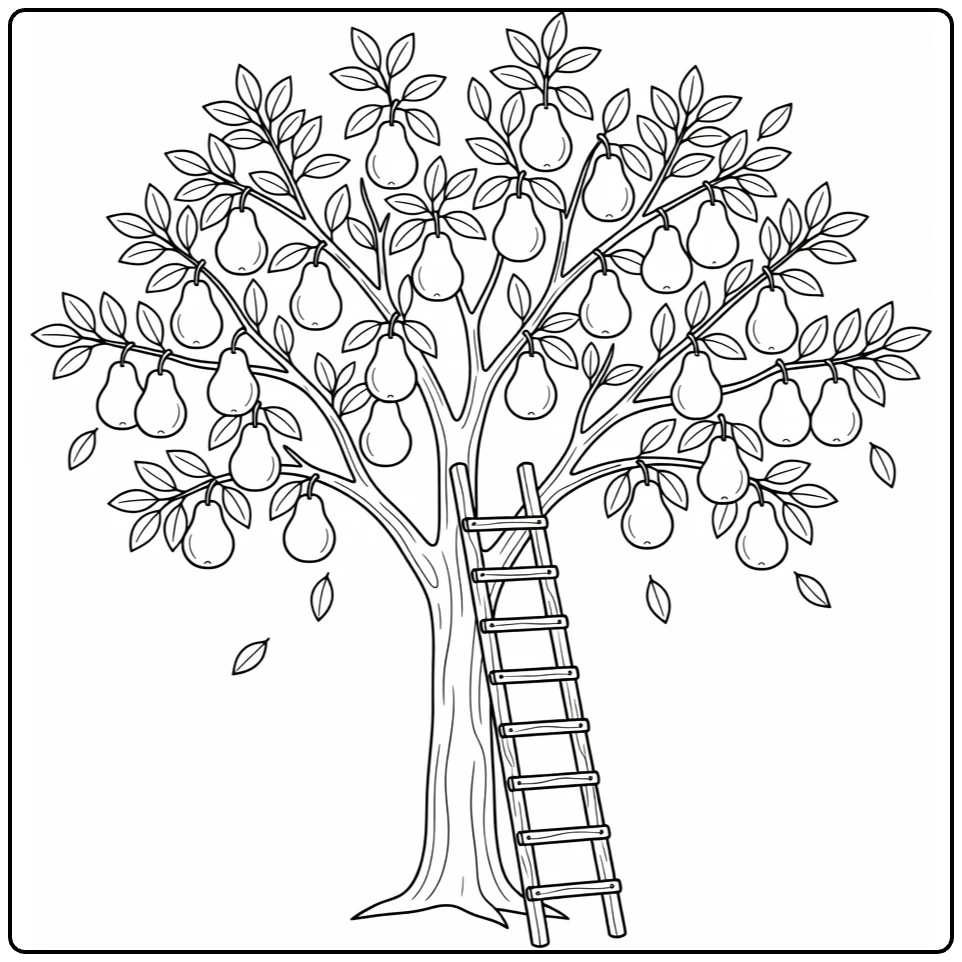 Fruitbomen Kleurplaat met perenboom ladder en bladeren