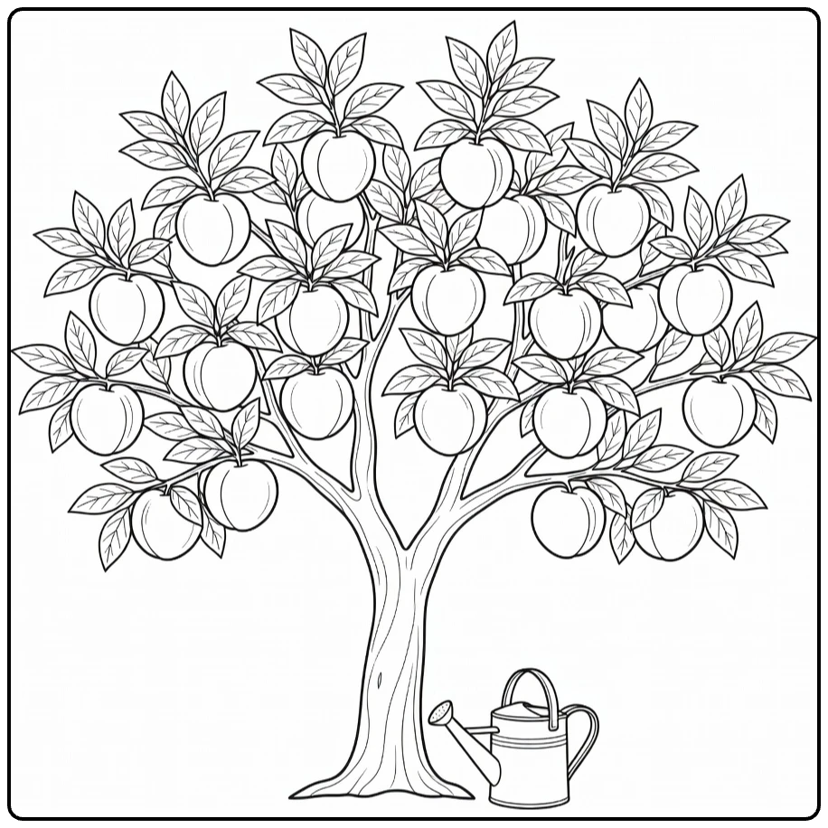 Fruitbomen Kleurplaat perzikboom met perziken en gieter