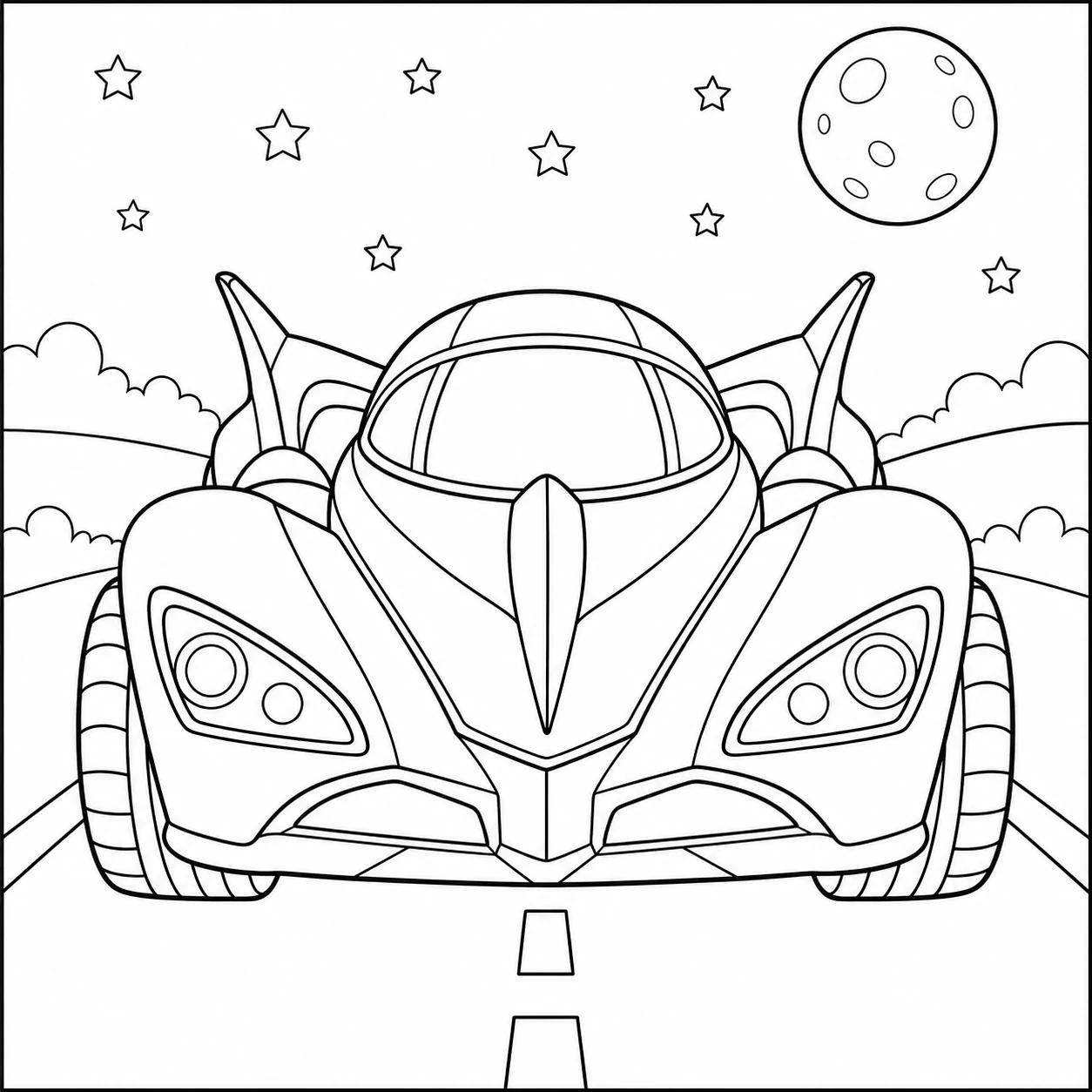 Kleurplaat batman auto met een futuristische sportwagen en maan aan de hemel