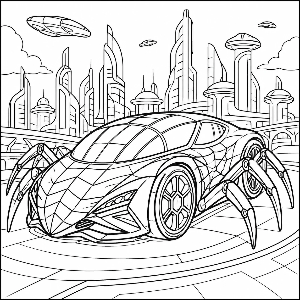 Kleurplaat spiderman auto met een futuristische wagen en spinachtige details in een moderne stad
