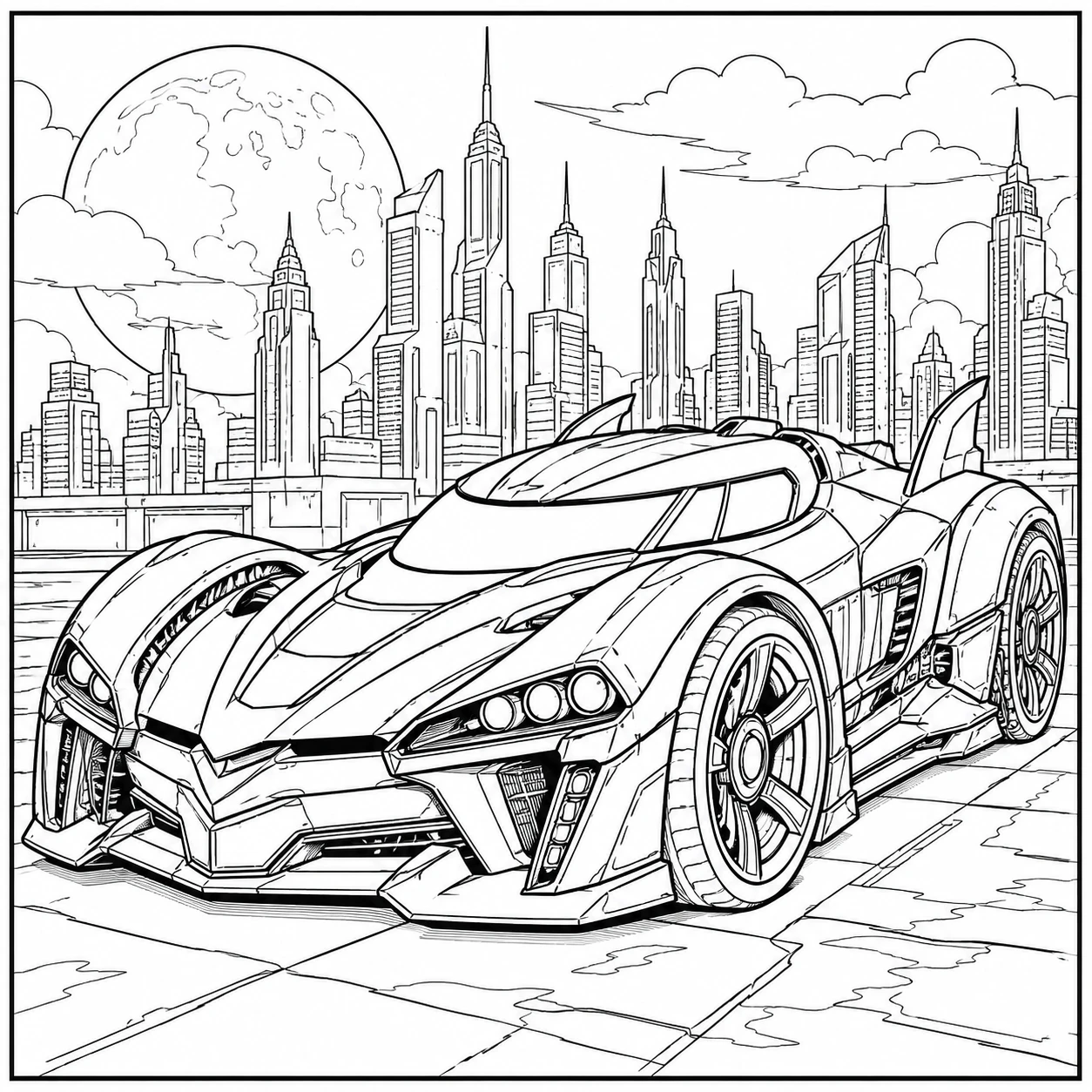 Kleurplaat batman auto met een krachtige futuristische auto voor een skyline