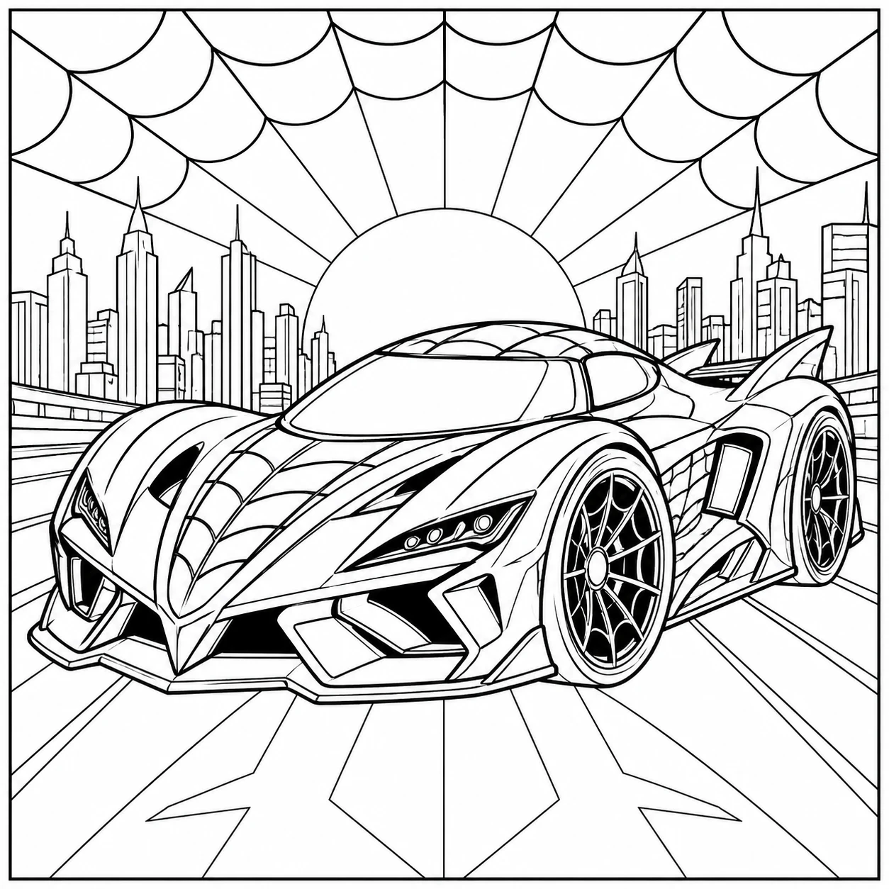 Futuristische sportauto met webpatroon onder een groot spinnenweb in een stedelijke omgeving