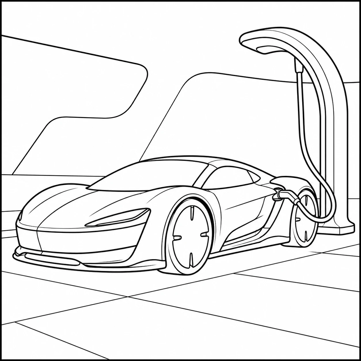 Futuristische sportwagen in een garage met één omhoog geopende deur naast de auto.