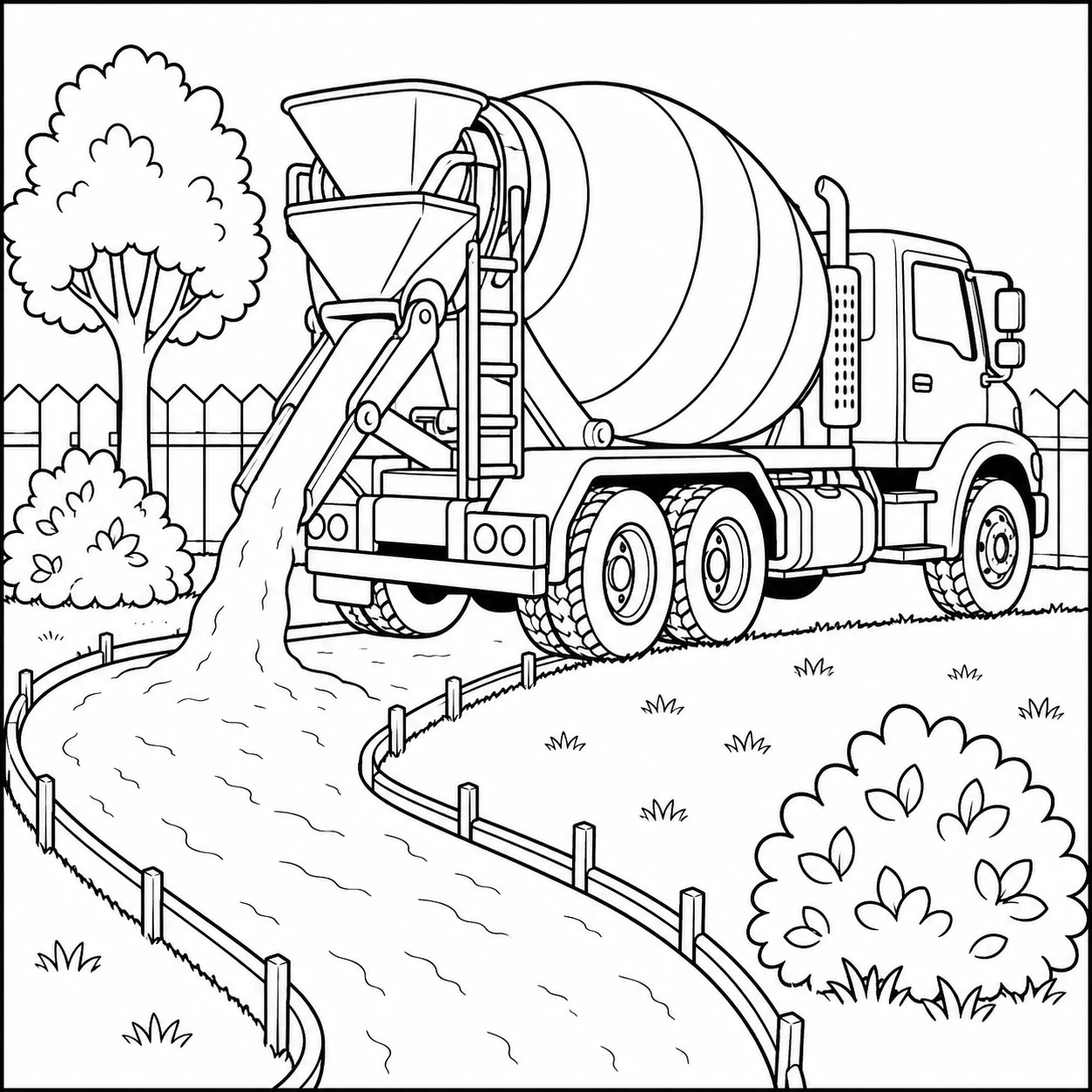Vrachtwagen stort beton op een gebogen tuinpad tussen bomen, struiken en een houten hek.