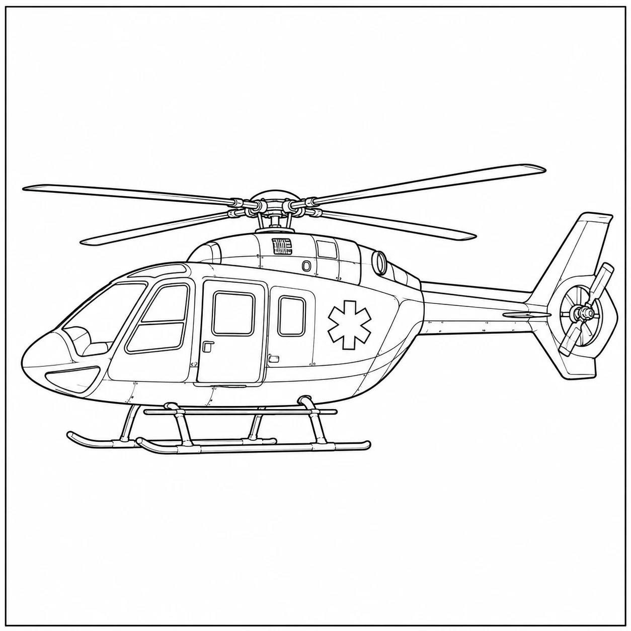 Ambulancehelikopter in zijaanzicht met cabinedeur, landingsskids en een medisch symbool