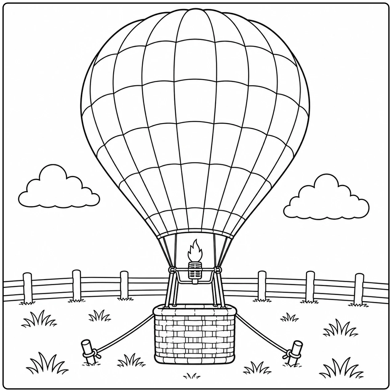Gedetailleerde luchtballon met ruitpatroon boven een veld met hek, gras en vlinder