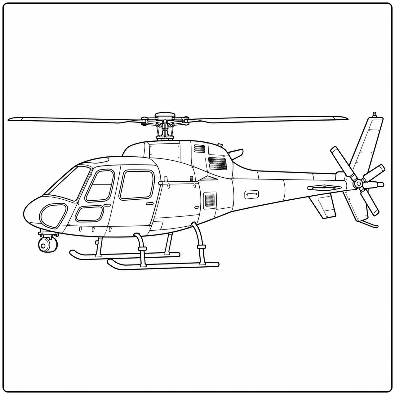 Gedetailleerde kleurplaat helikopter in zijaanzicht met hoofdrotor, staartrotor en landingsski’s