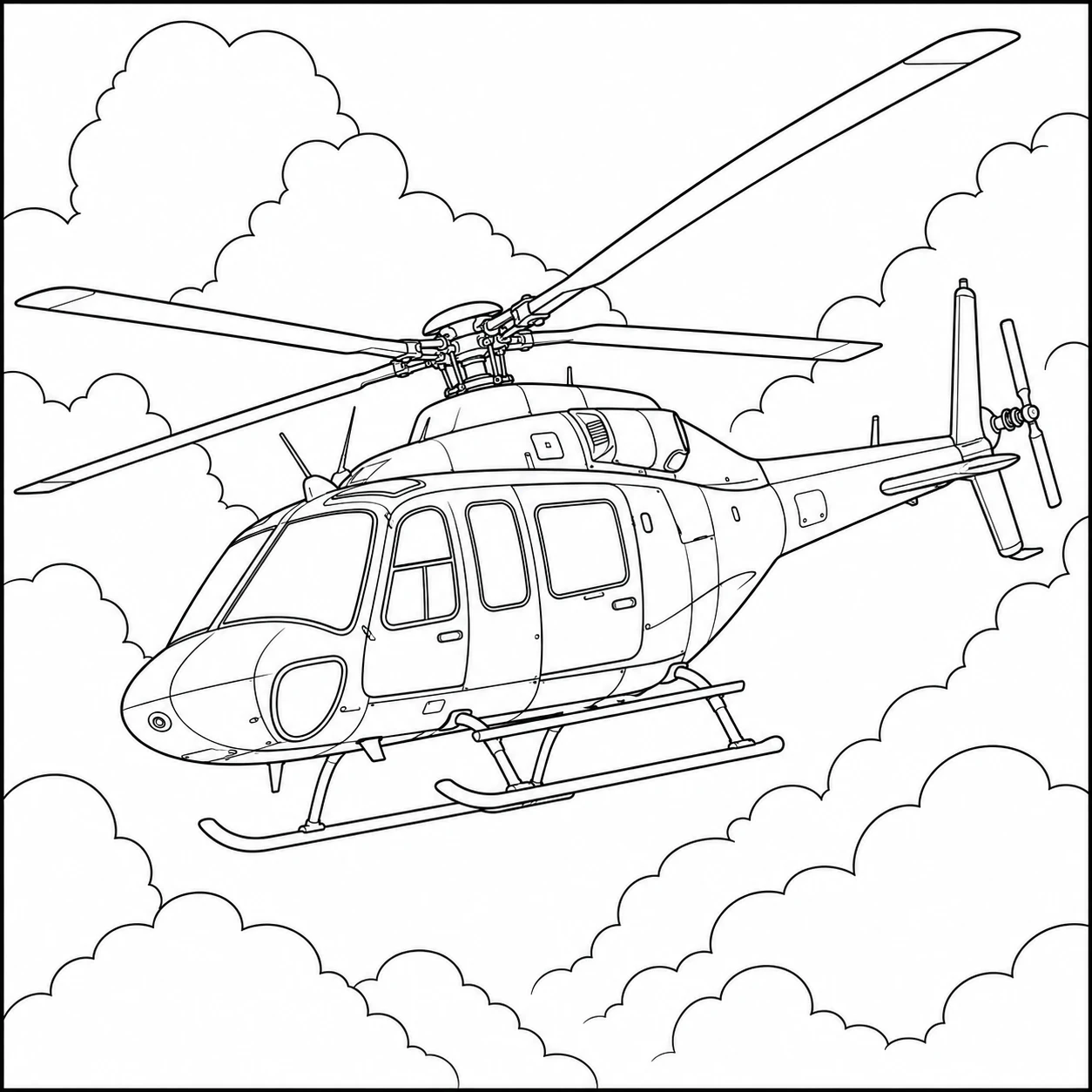 Gedetailleerde helikopter vliegt schuin door een landschap vol grote wolken