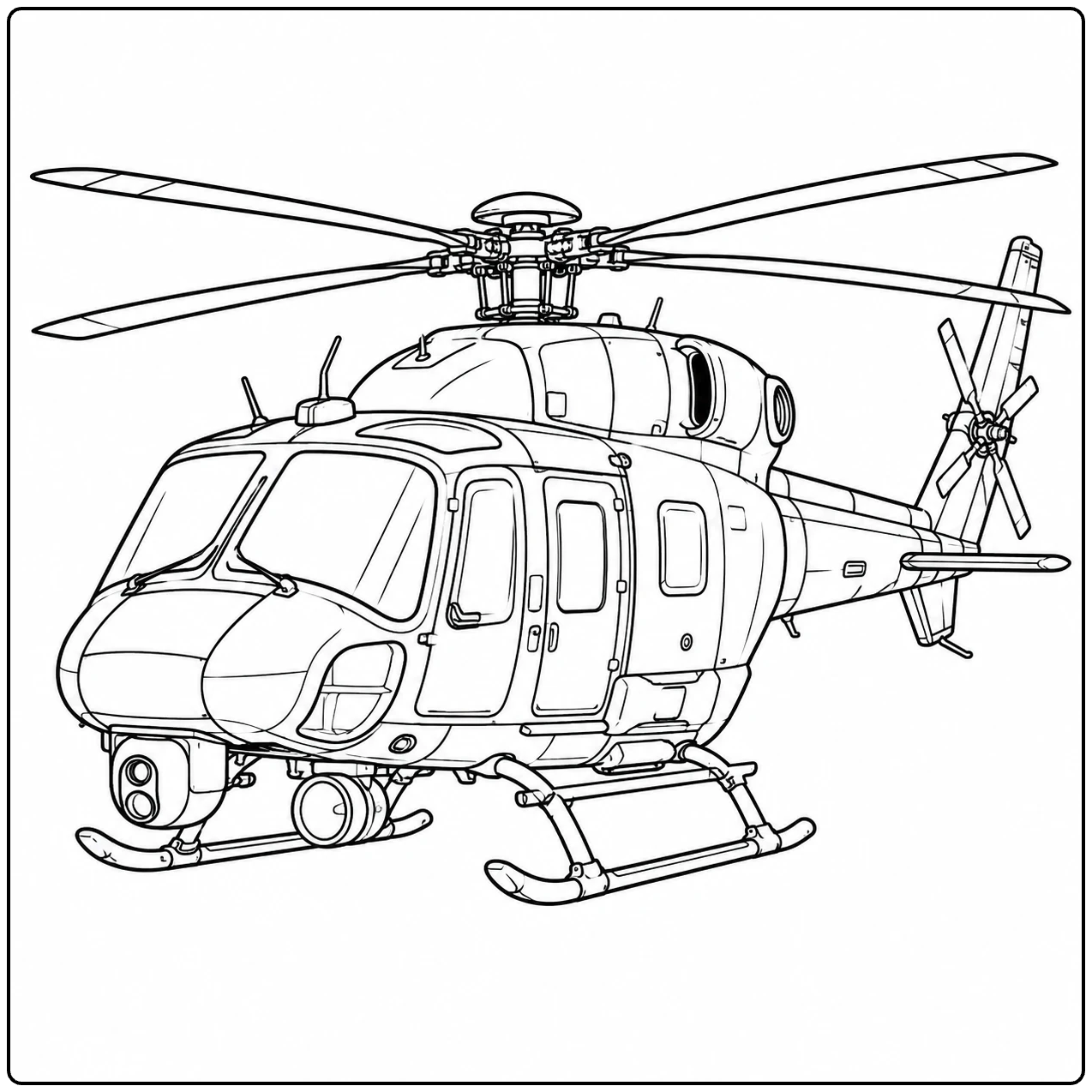 Gedetailleerde kleurplaat politie helikopter vanuit schuin vooraanzicht op witte achtergrond