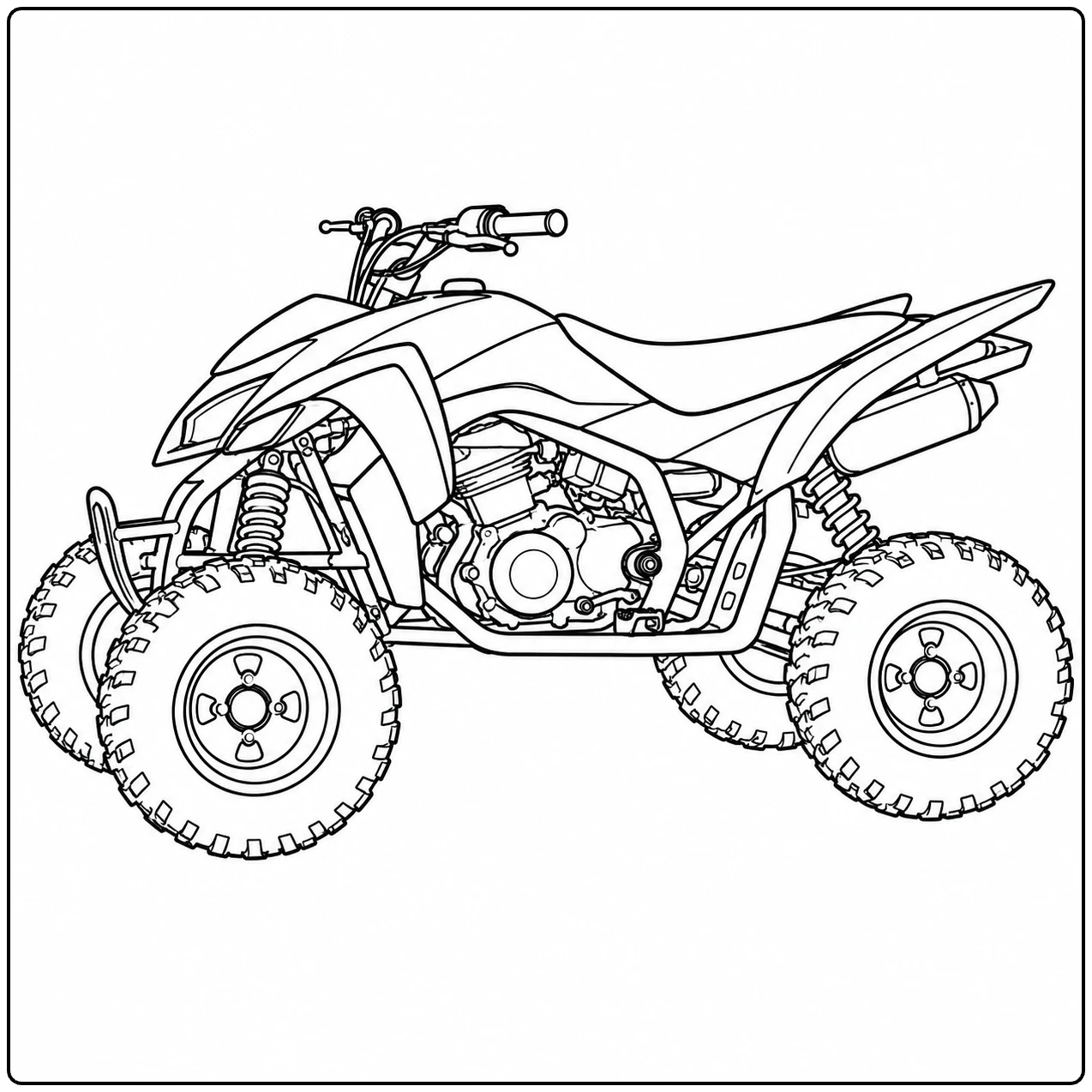 Gedetailleerde sportquad van opzij met zichtbare motor, ketting en grove terreinbanden