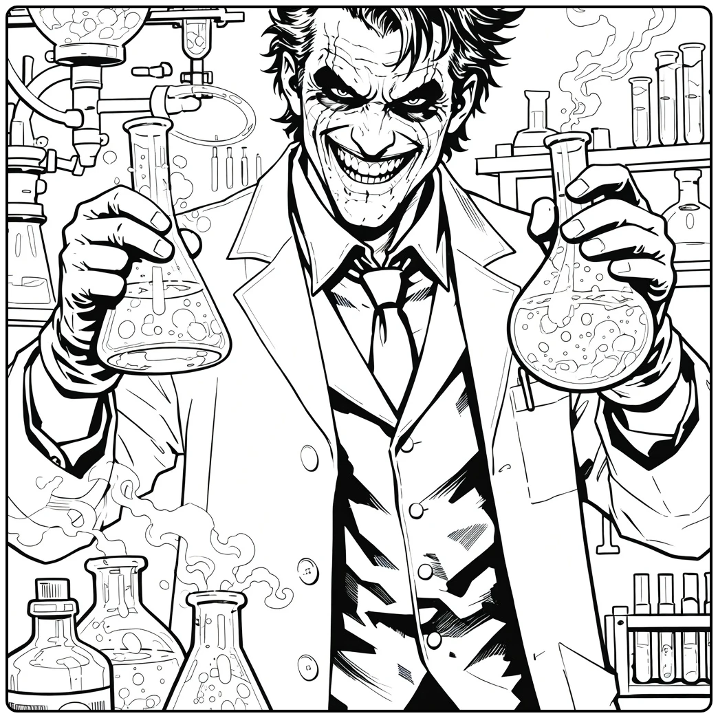 Joker Kleurplaat met een figuur in labjas die twee glazen flesjes vasthoudt