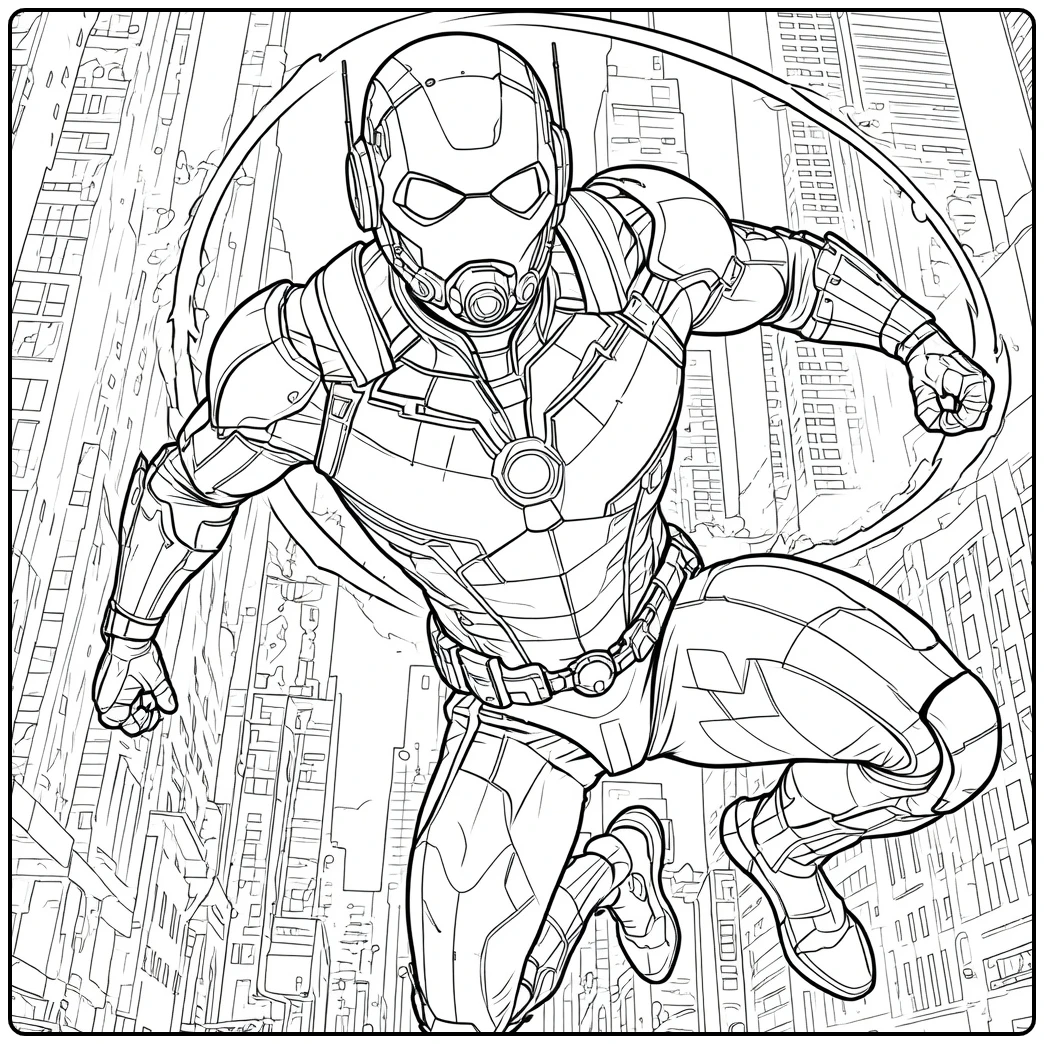 Ant-Man Kleurplaat met een held in metalen harnas die voorwaarts springt binnen een energiering en wolkenkrabbers