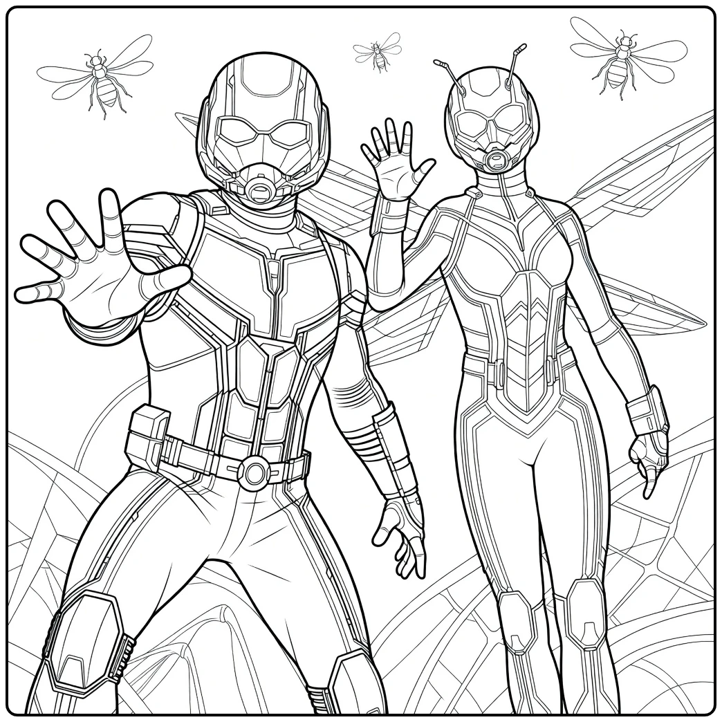 Twee figuren in gepantserde pakken naast elkaar, een leunt voorover met uitgestrekte arm en de ander staat met vleugels Ant-Man Kleurplaat