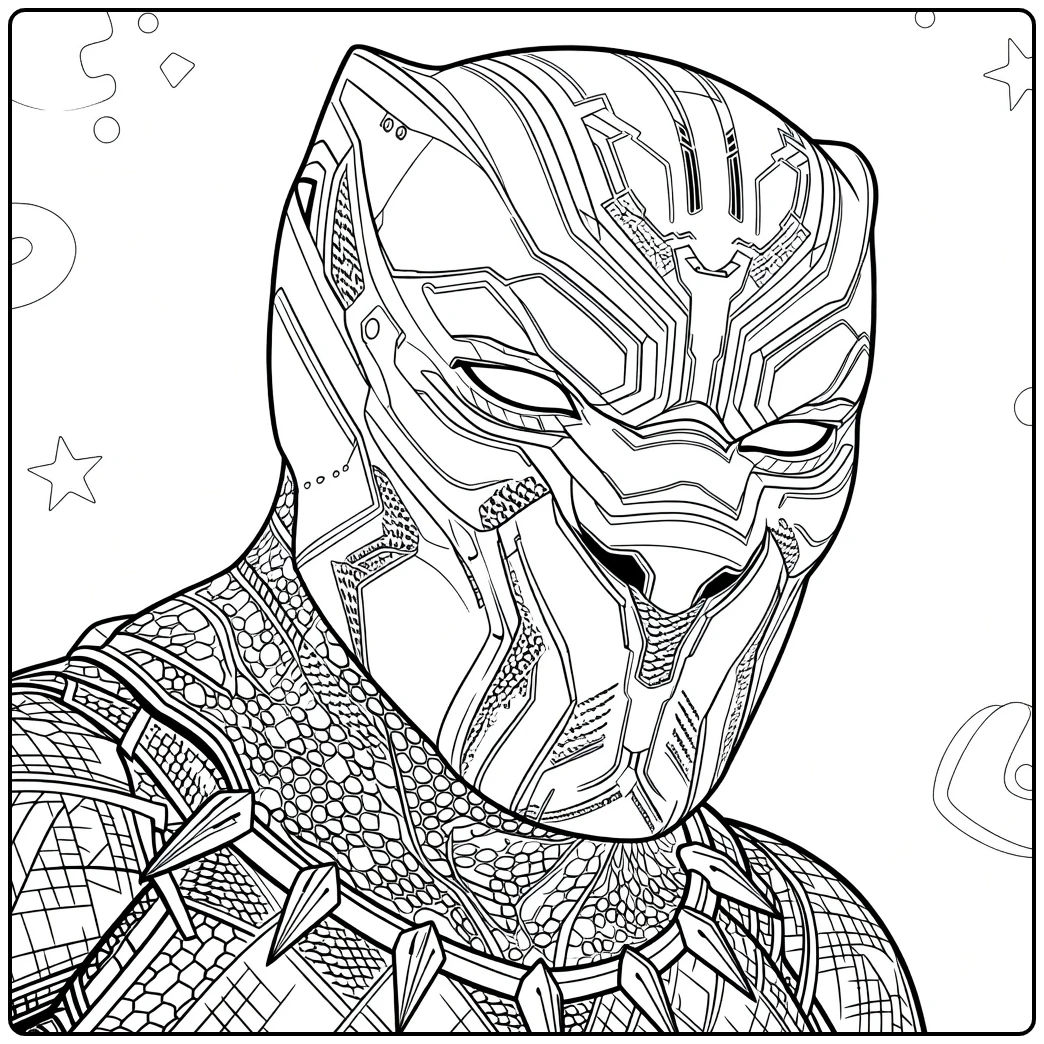 Black Panther Kleurplaat met een krijger in zwart gepantserd harnas en helm met vizier