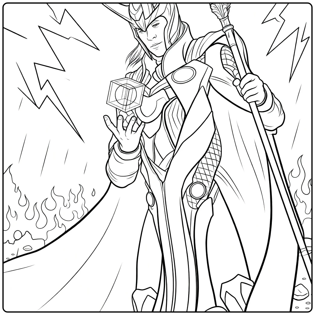 Loki Kleurplaat van een gepantserde krijger met gehoornde helm die een kubus en staf vasthoudt