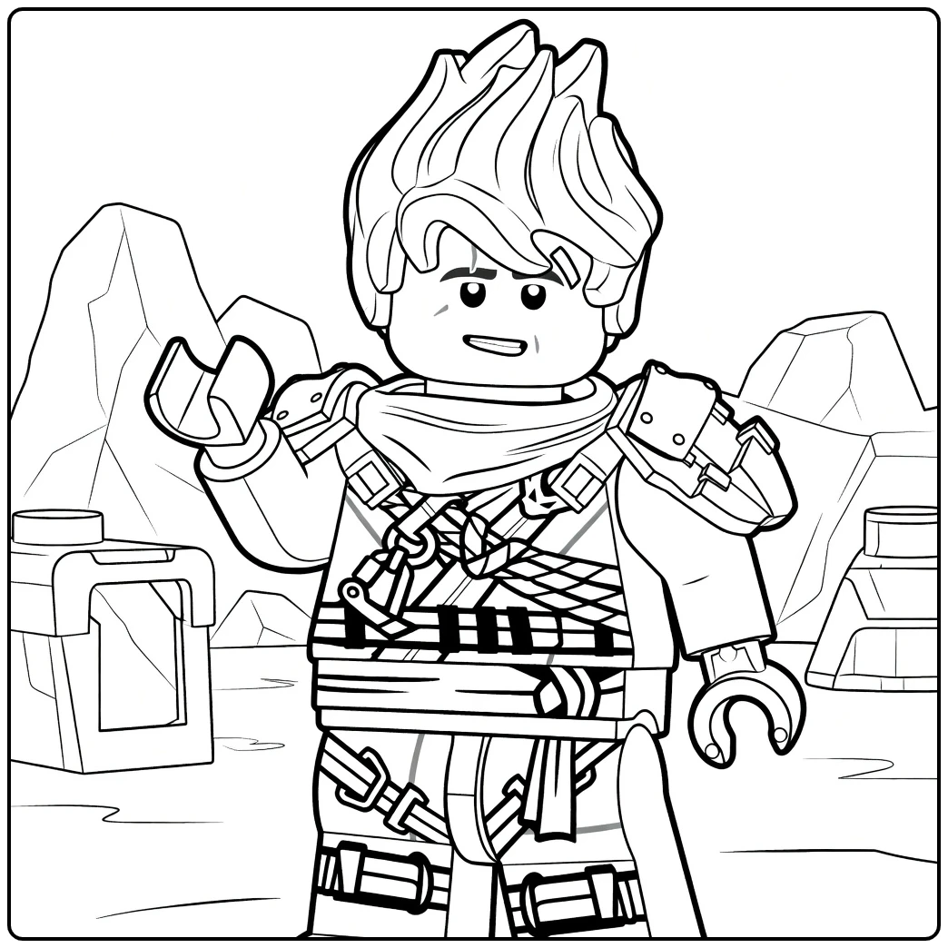 kleurplaat ninjago kai van een gepantserde strijder met spichtig haar en gele sjaal