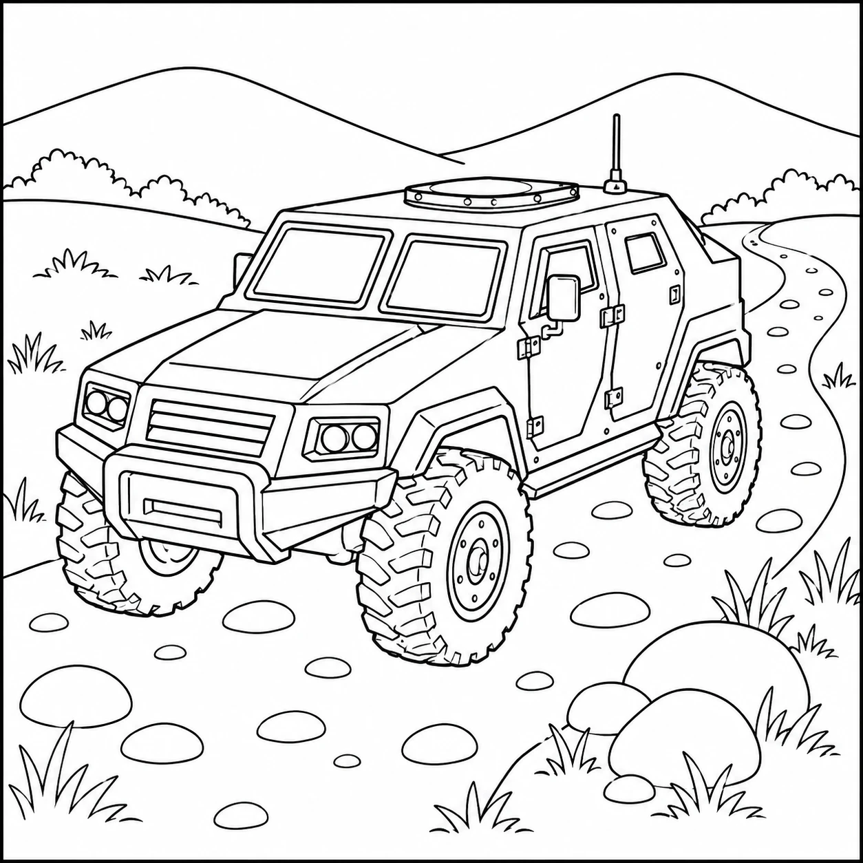 Gepantserde terreinwagen op een rotsachtig pad, passend bij kleurplaat militaire voertuigen.