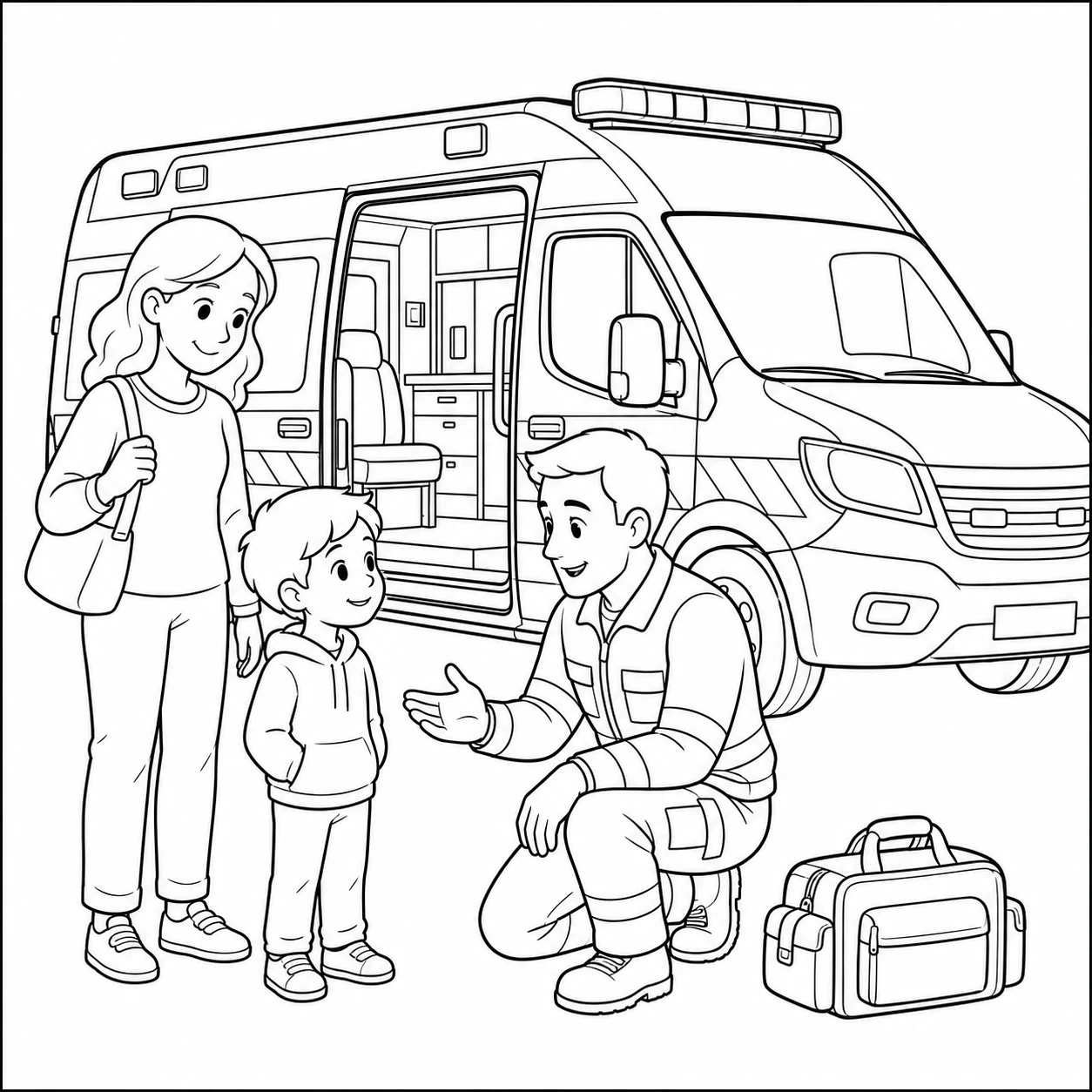 Een hulpverlener praat op ooghoogte met een kind naast de open zijdeur van de ambulance