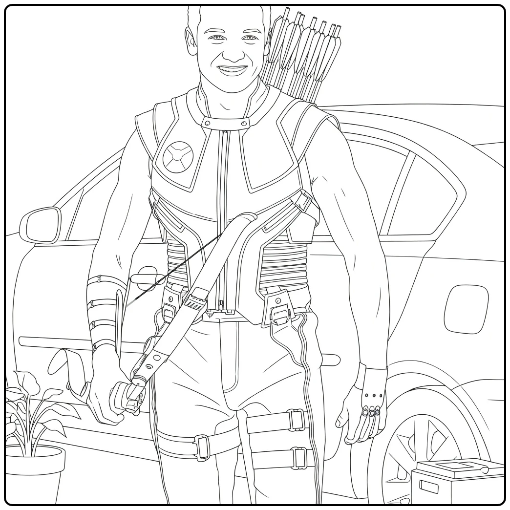 Hawkeye Kleurplaat van een gespierde man met kort haar die glimlachend een compoundboog vasthoudt