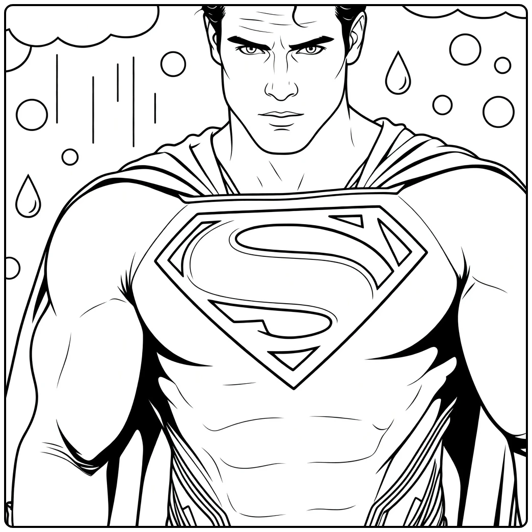superman kleurplaat van een gespierde man met cape en embleem in de regen