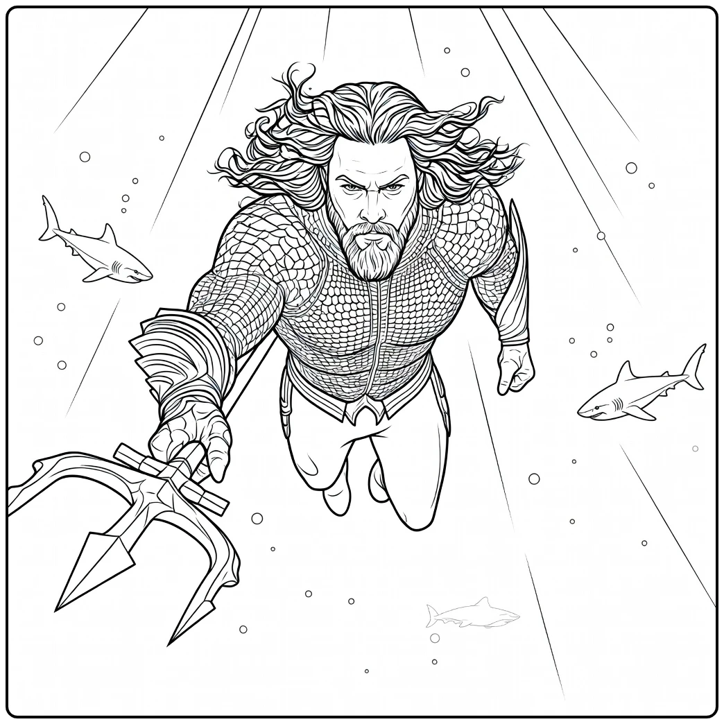 Aquaman Kleurplaat van een gespierde held met baard die vooruit zwemt met zijn drietand