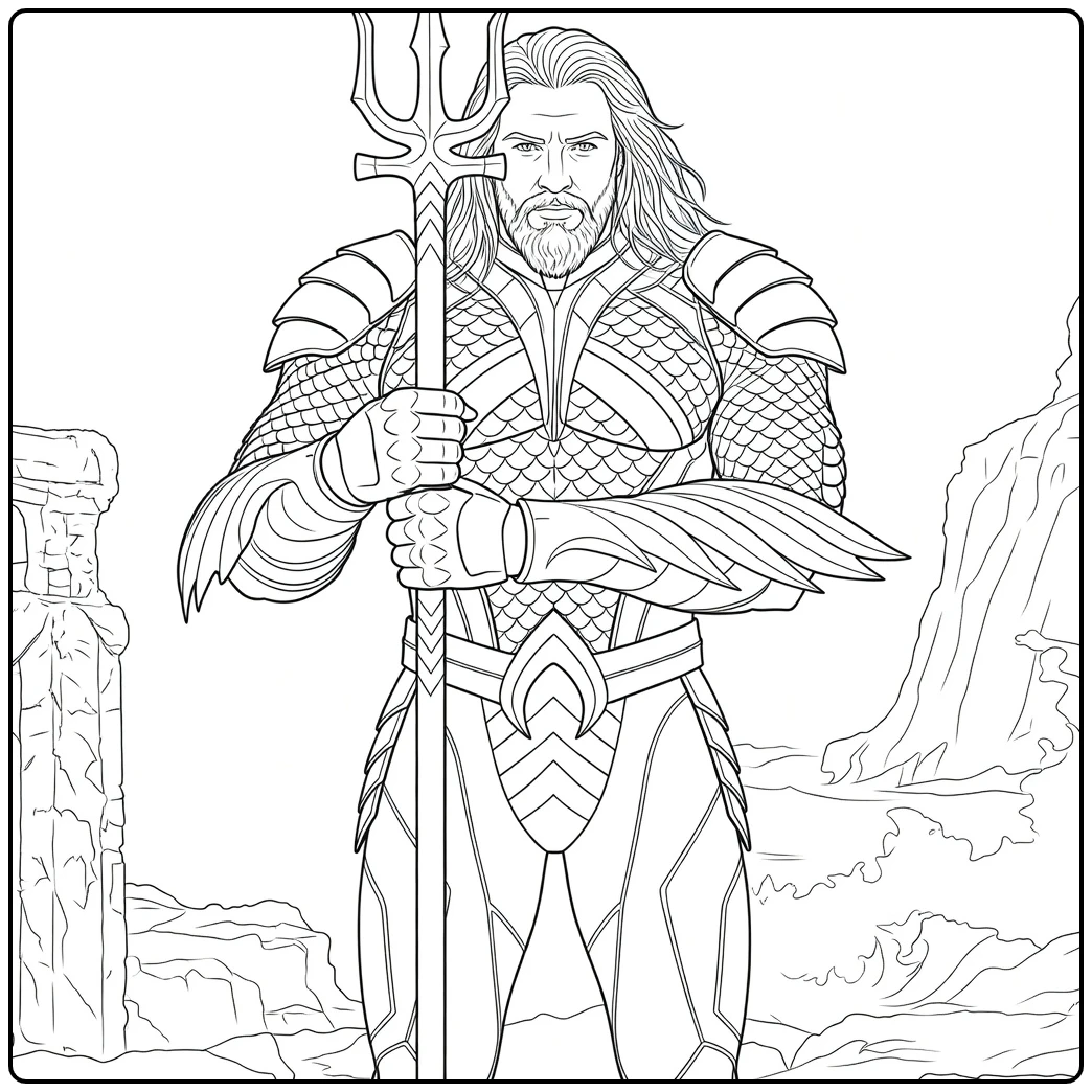 Aquaman Kleurplaat van een gespierde man met lang haar en baard die een hoge drietand vasthoudt bij golven en rotsen