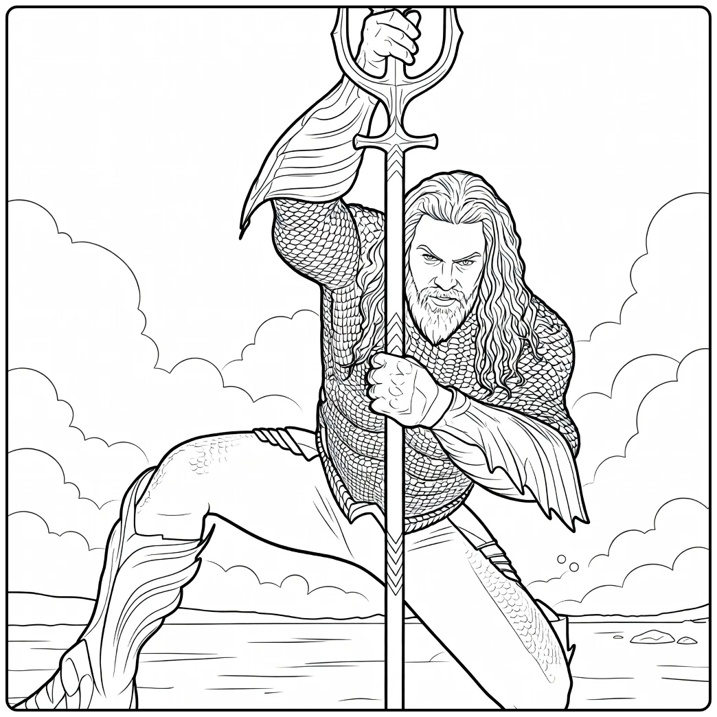 Aquaman Kleurplaat van een gespierde krijger met lang haar en een grote trident in dynamische pose