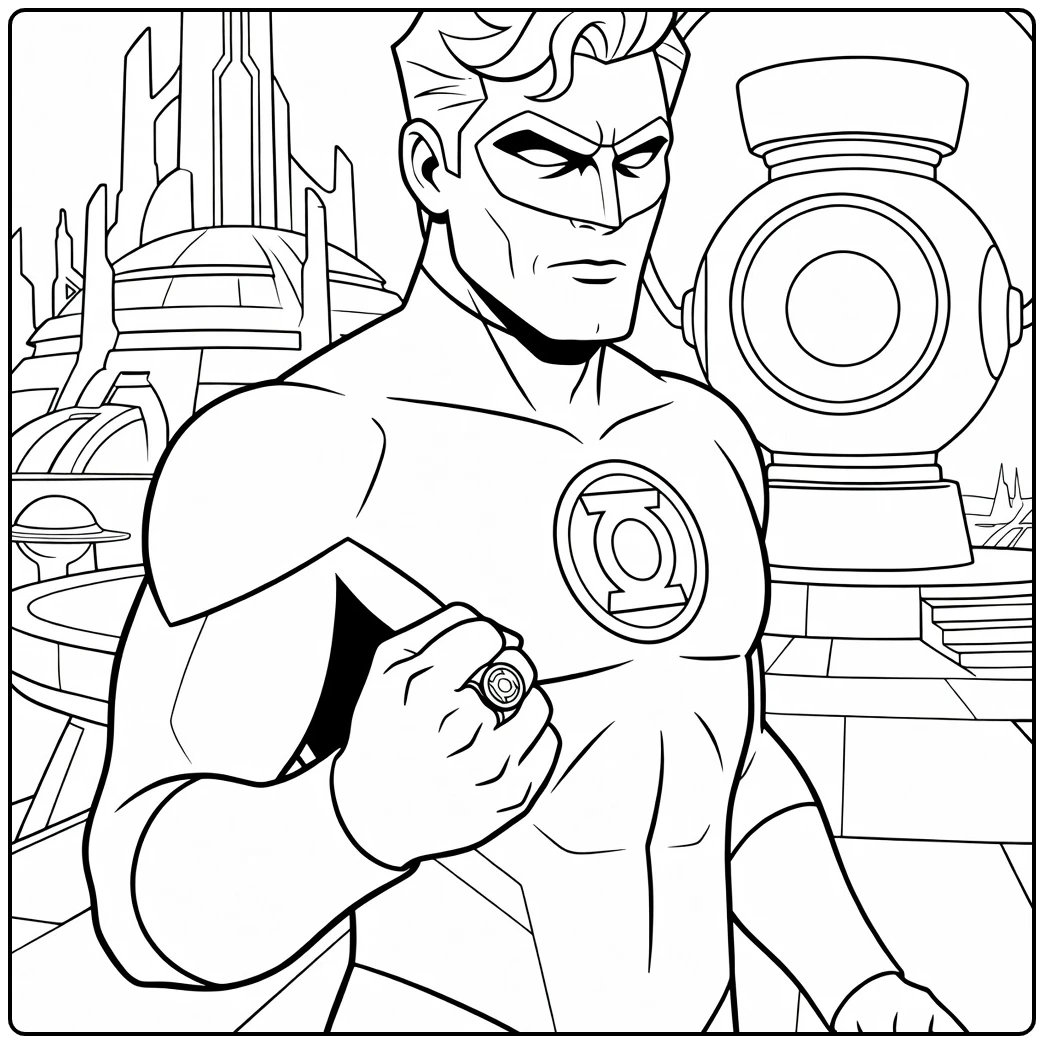 Green Lantern Kleurplaat van een gespierde held met masker en ring die zijn vuist heft voor futuristische torens