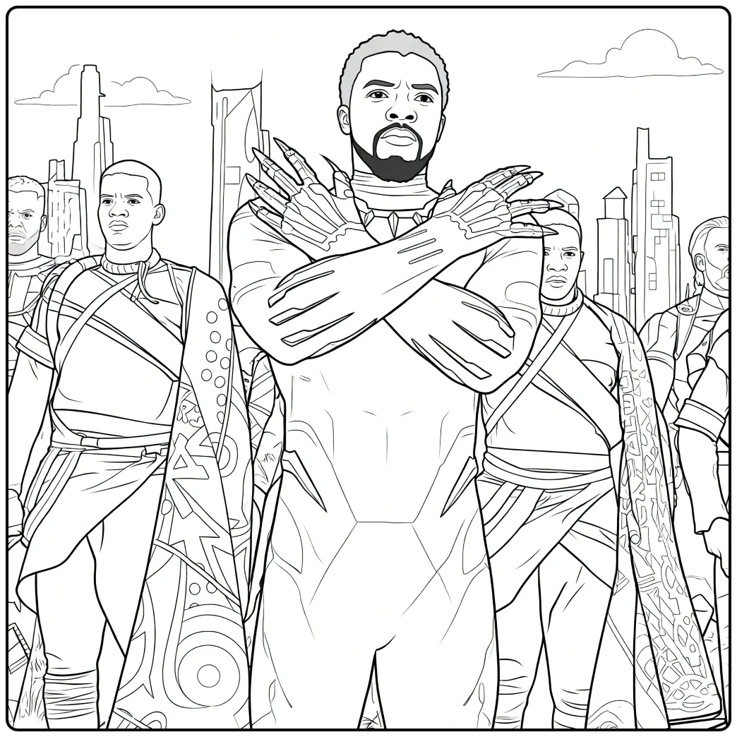 Black Panther Kleurplaat van een gespierde held met klauwhandschoenen en baard voor de skyline