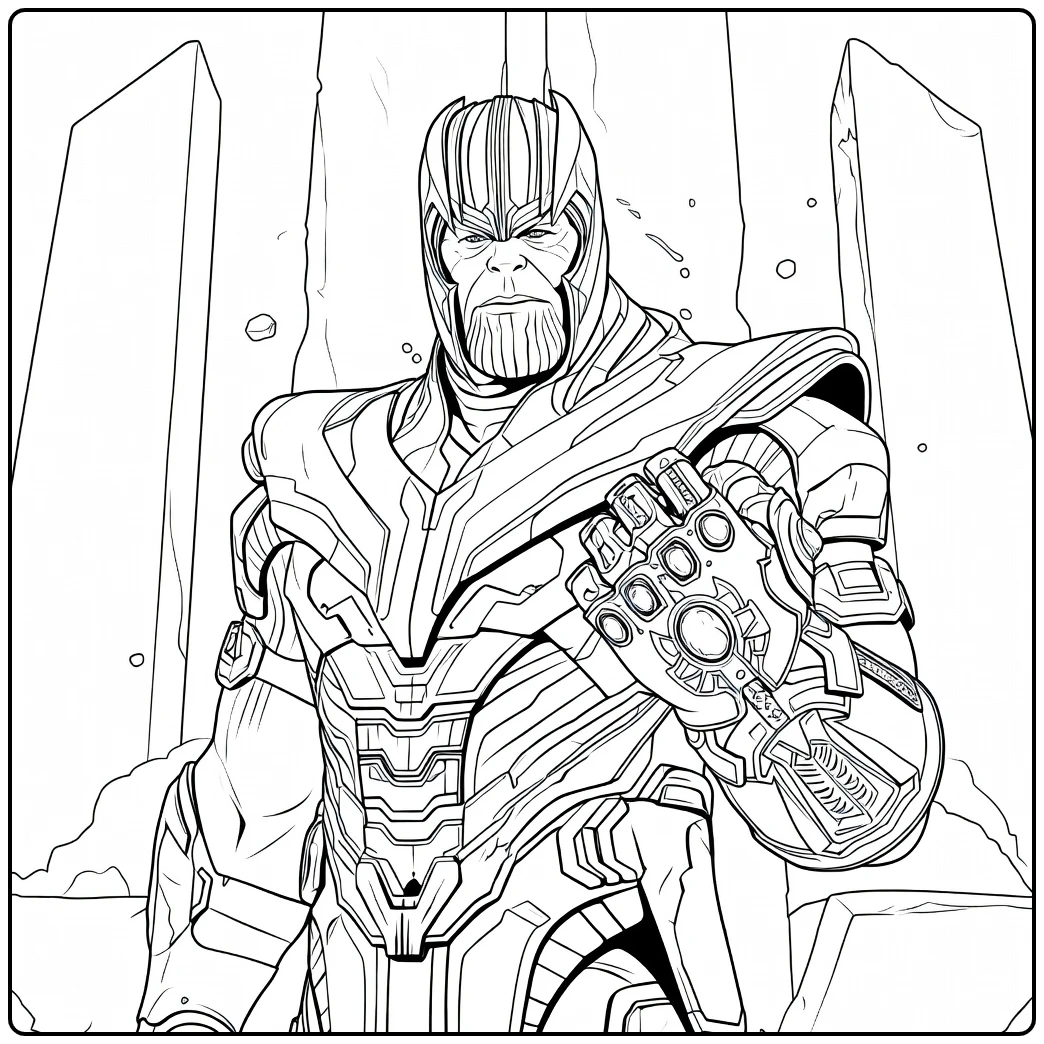 Thanos Kleurplaat van een gespierde paarse krijger in gouden harnas met uitgestrekte arm
