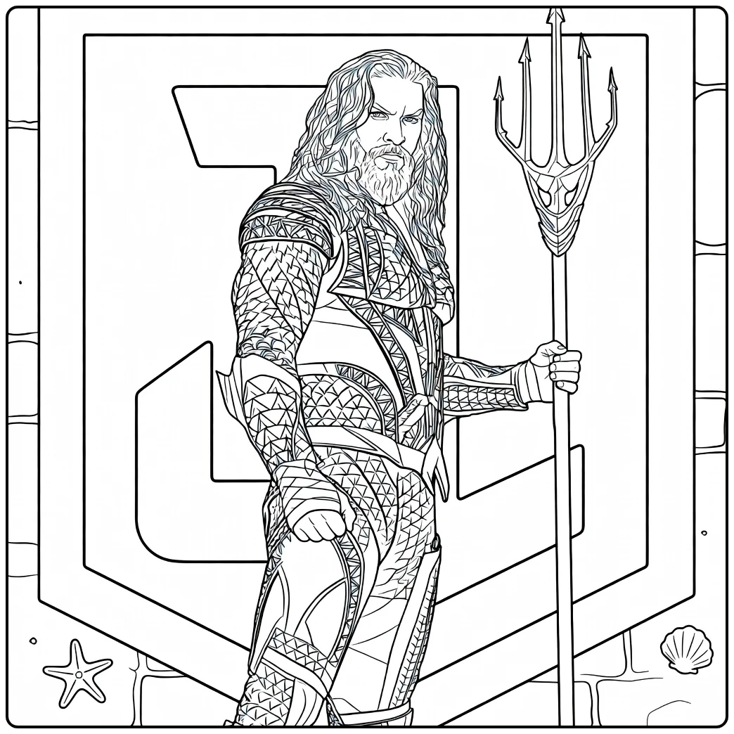 Aquaman Kleurplaat van een gespierde krijger met lang haar en baard die een drietand vasthoudt