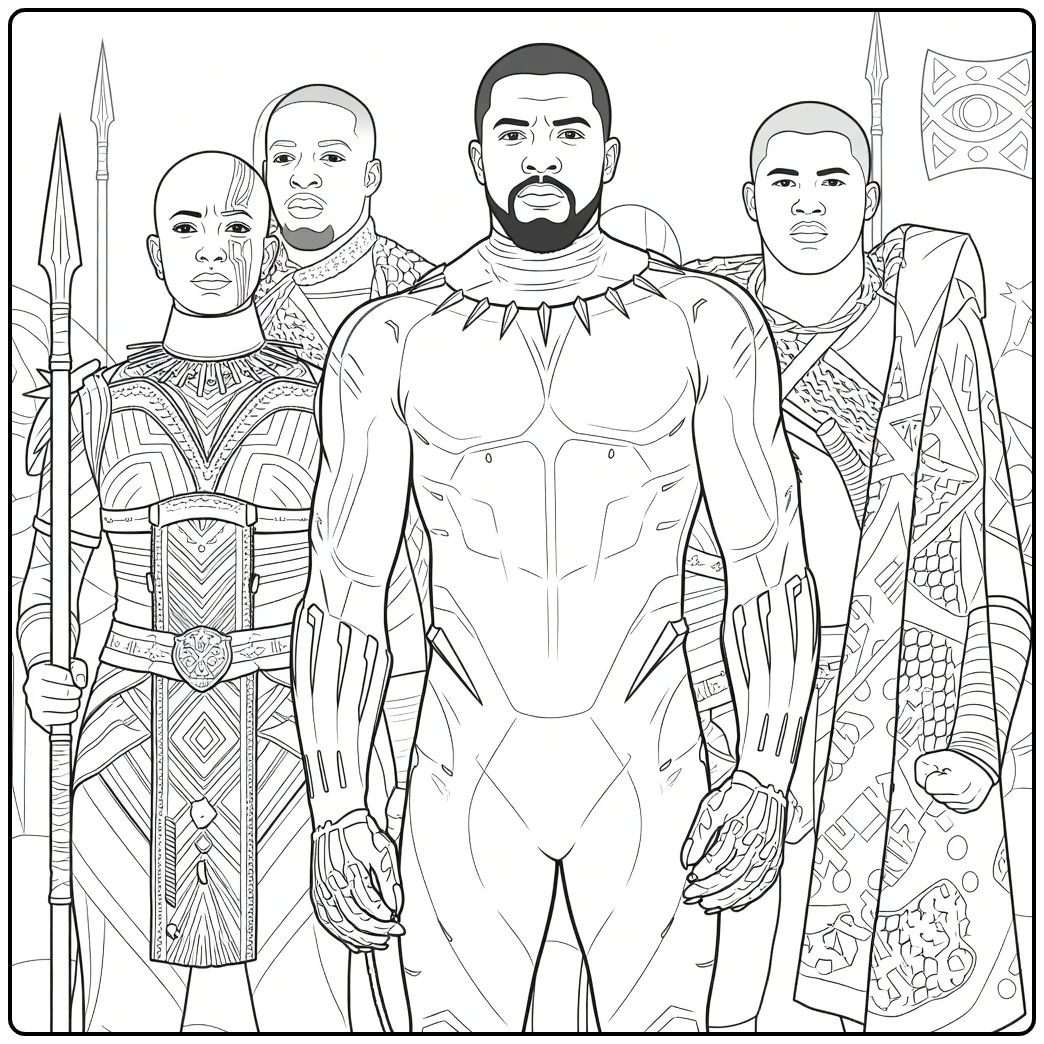 Black Panther Kleurplaat met een gespierde krijger en strijders met klauwhandschoenen en speer