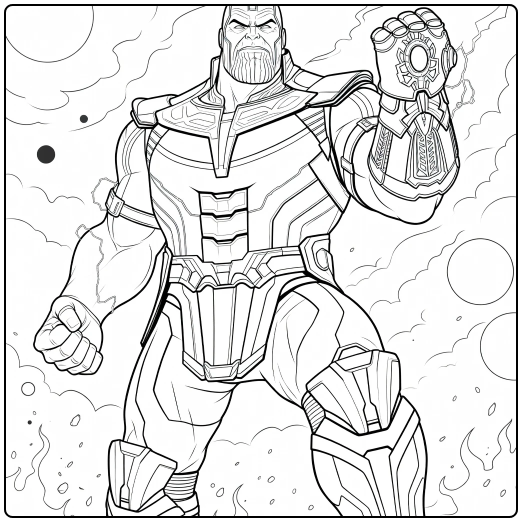 Thanos Kleurplaat van een gespierde strijder die een gouden handschoen heft