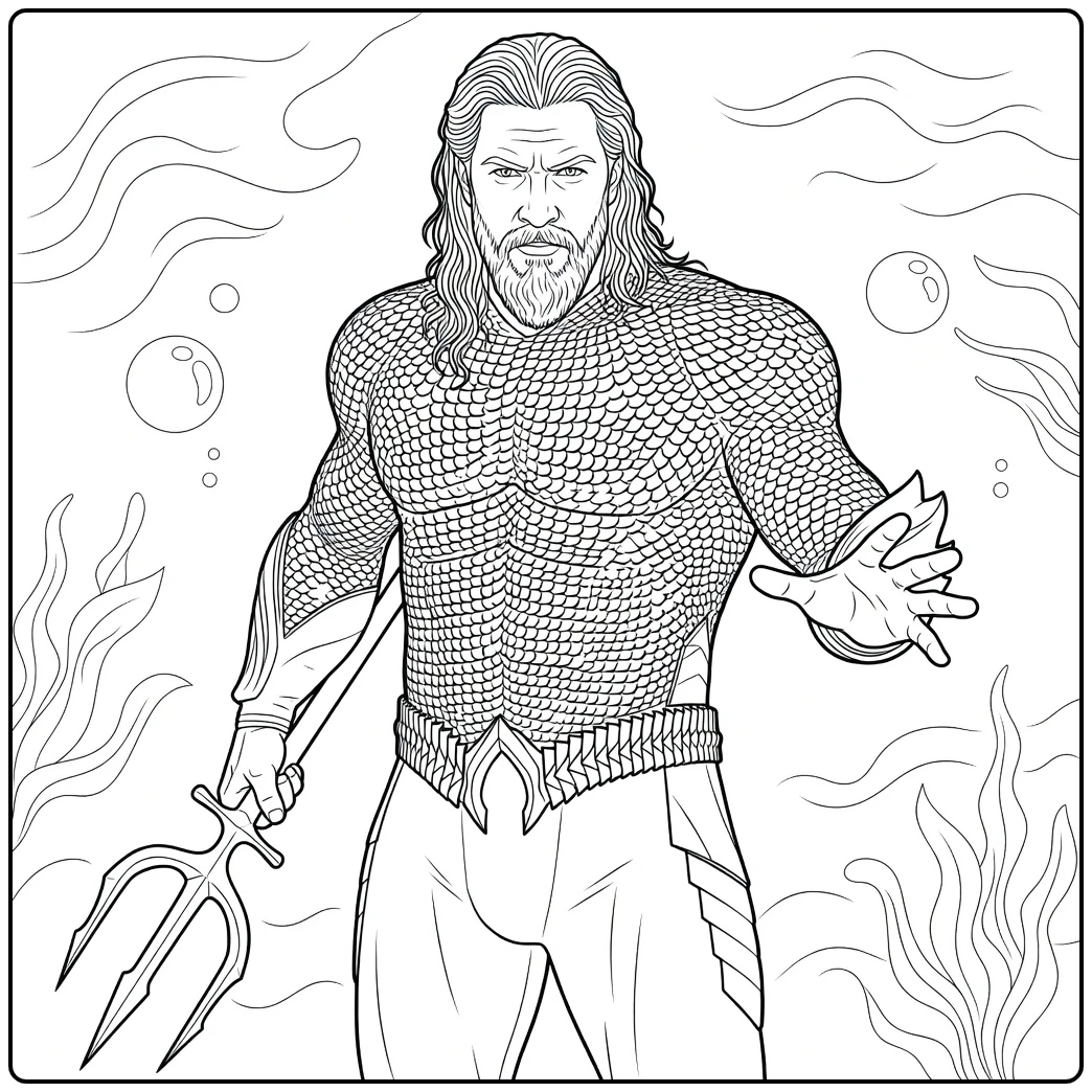 Aquaman Kleurplaat van een gespierde held met baard, lange haren en driemaster in driekwart pose