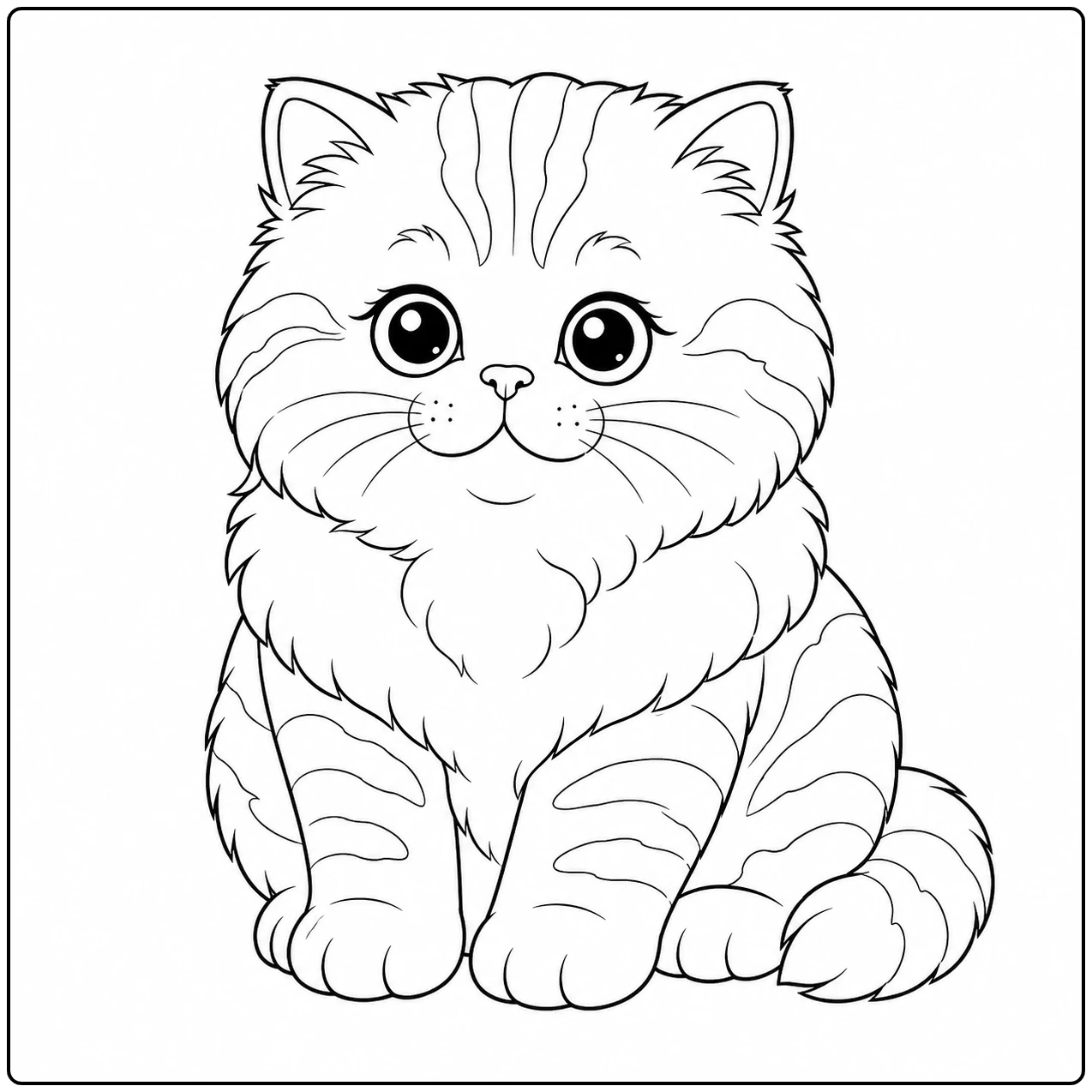 Gestreept Perzisch kitten zit rechtop met grote ogen en een gekrulde staart naast zich.