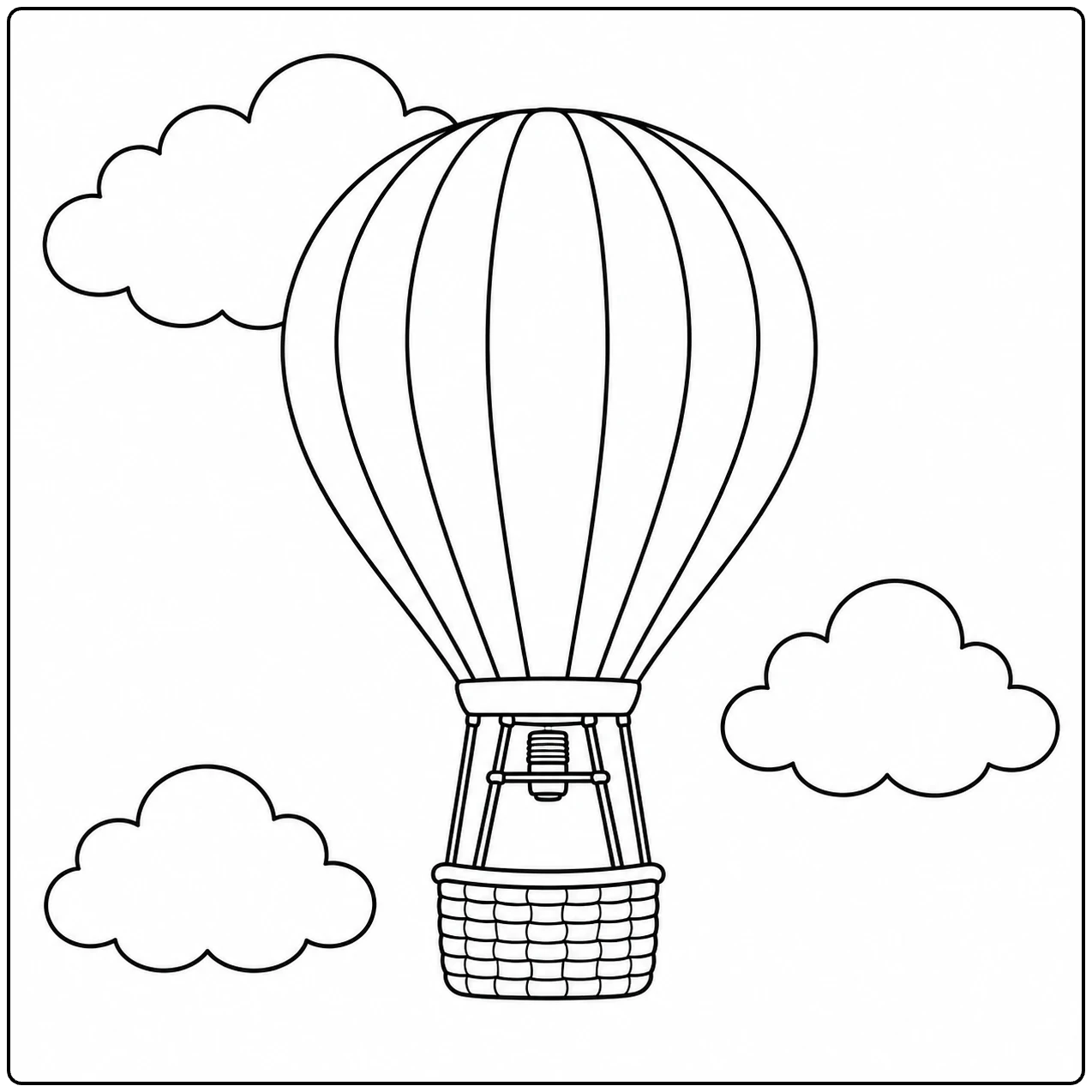 Ronde luchtballon met smalle verticale banen, drie wolken en een gevlochten mand