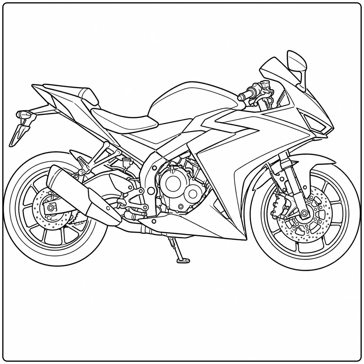 kleurplaat motor kawasaki met een gestroomlijnde sportmotor in helder zijaanzicht