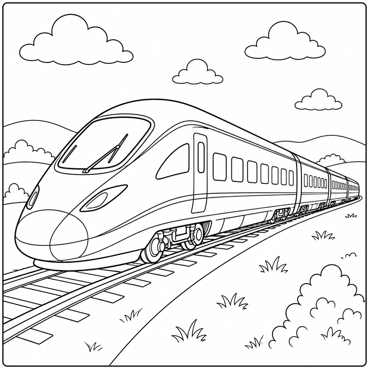 Gestroomlijnde trein rijdt schuin door een rustig landschap met gras, heuvels en verspreide wolken