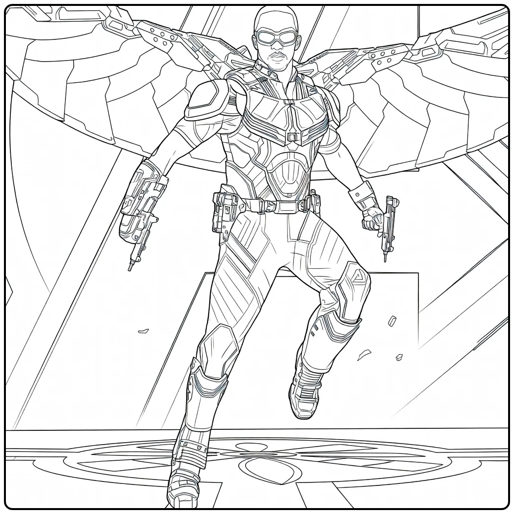 Man met mechanische vleugels en vizier in dynamische mid-air pose Falcon Kleurplaat