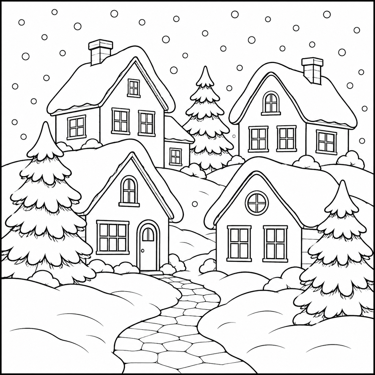 Besneeuwd dorp met gezellige huizen, dennenbomen en een kronkelend pad op een kleurplaat sneeuw