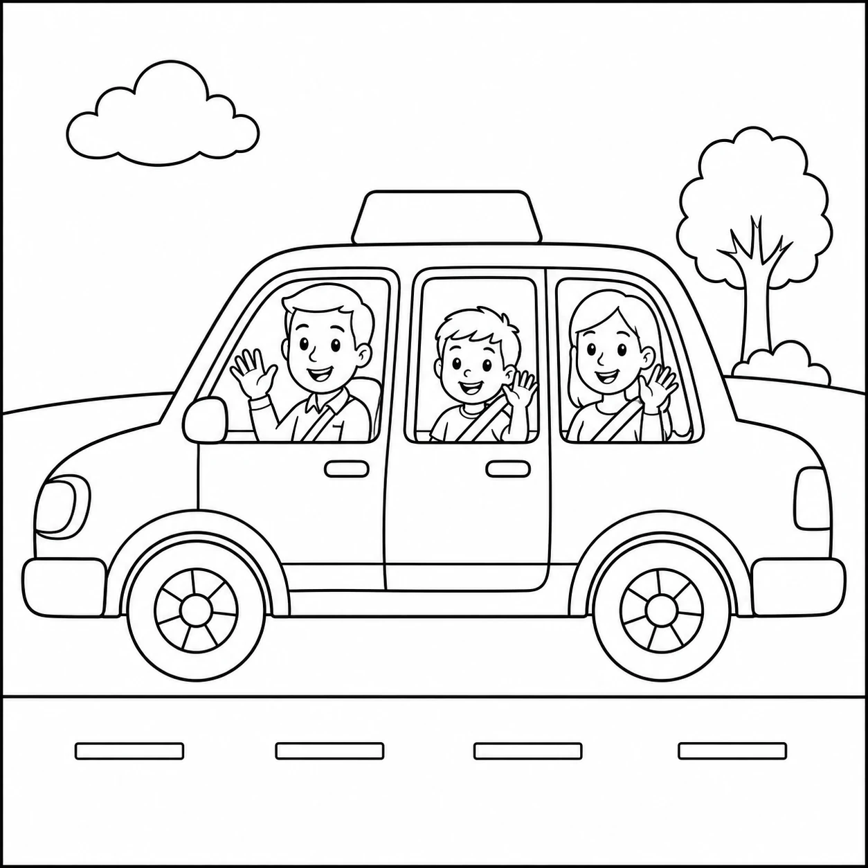 Een gezin zwaait vanuit de ramen van een taxi die langs bomen en wolken rijdt