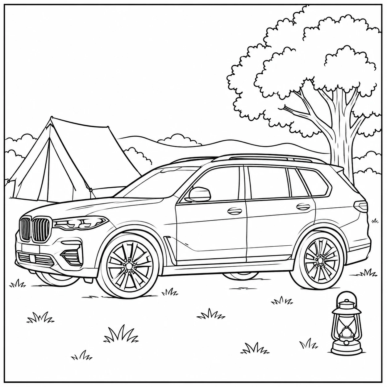 Gezins-SUV naast een tent en boom op een rustige kampeerplek