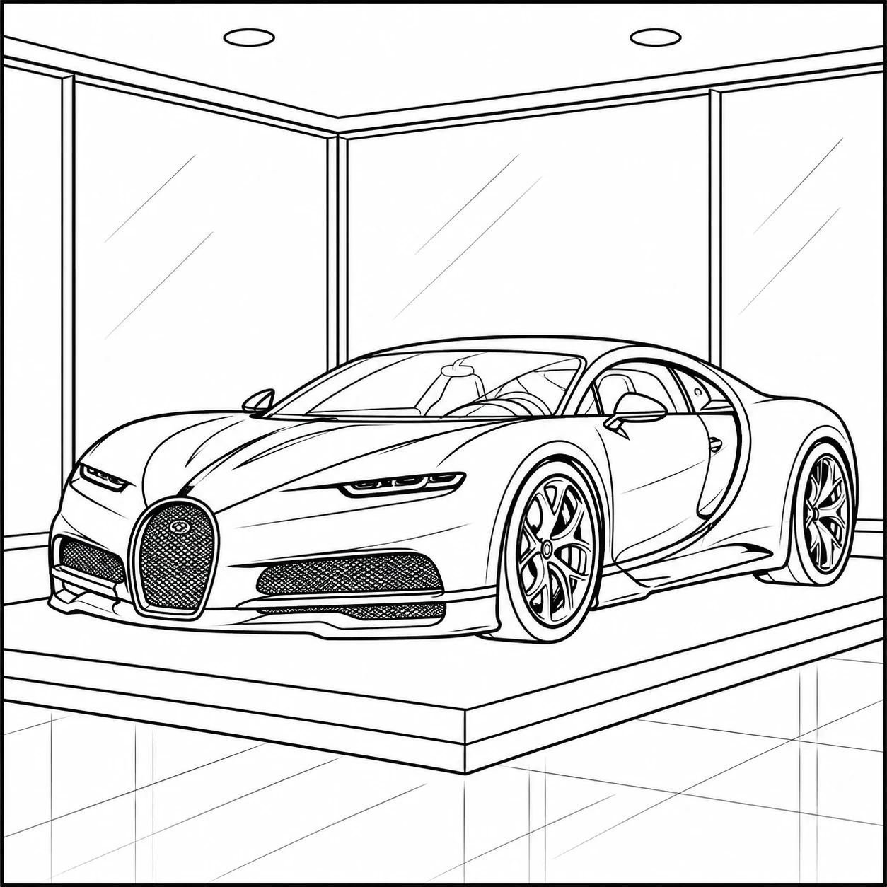 In een glazen showroom staat een kleurplaat auto bugatti op een verhoogd platform.