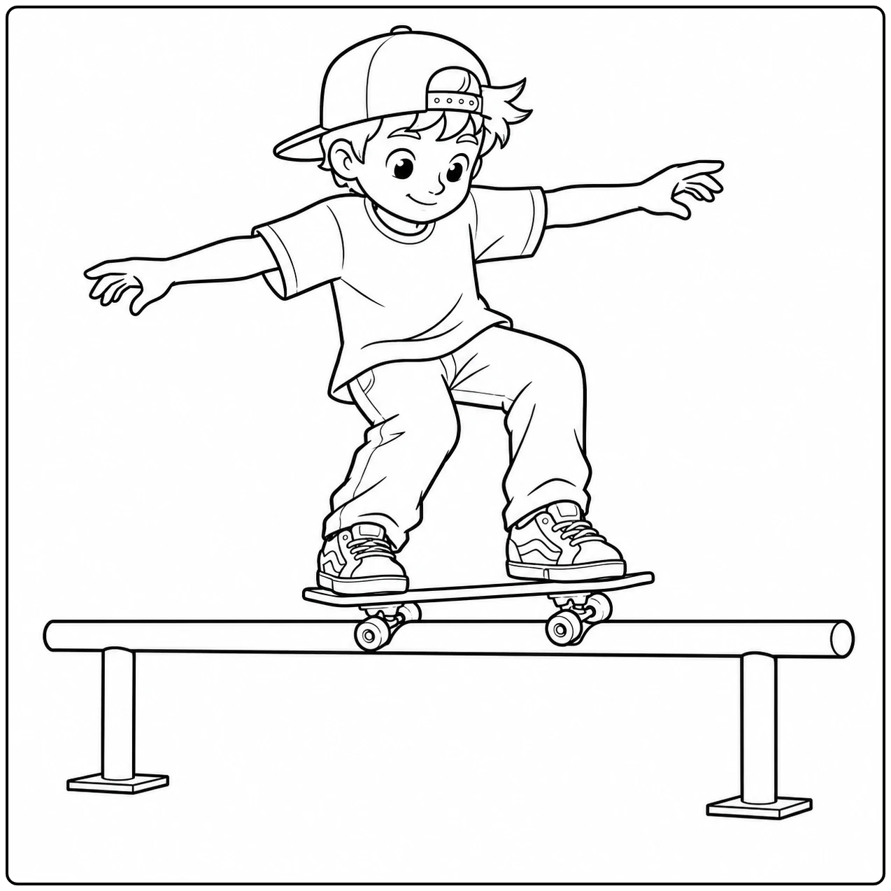 Jonge skater glijdt over een lange rail in deze kleurplaat skateboard met zijn armen breed voor evenwicht