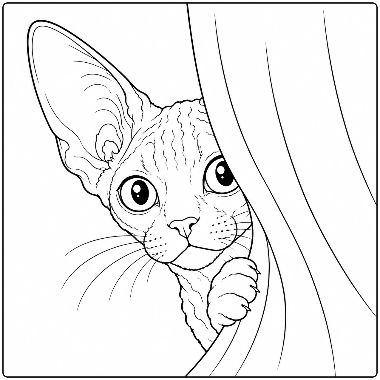 Grote kattenogen en één poot verschijnen speels vanachter een lang gordijn.