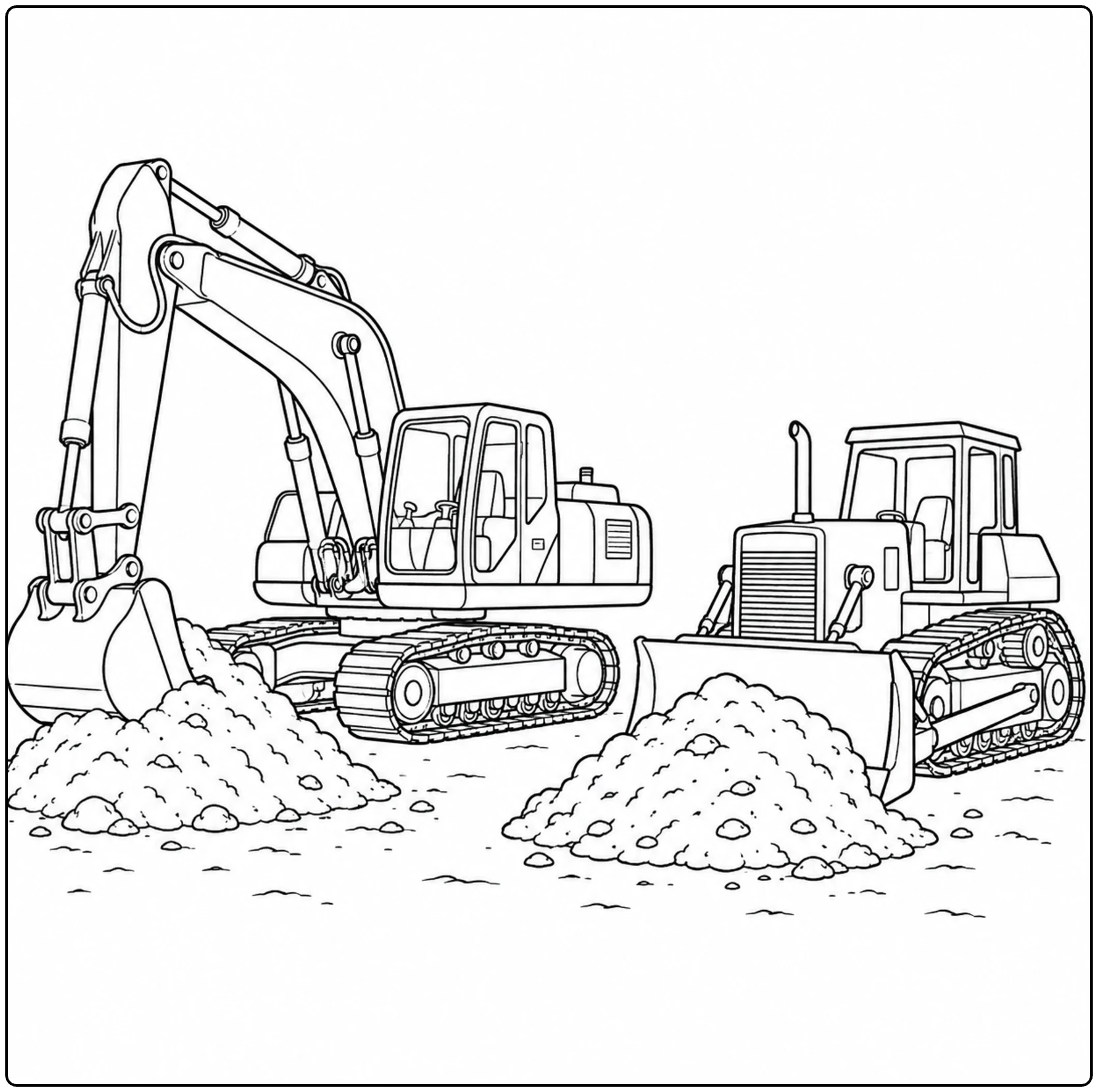 Graafmachine en bulldozer werken samen tussen twee hopen losse aarde